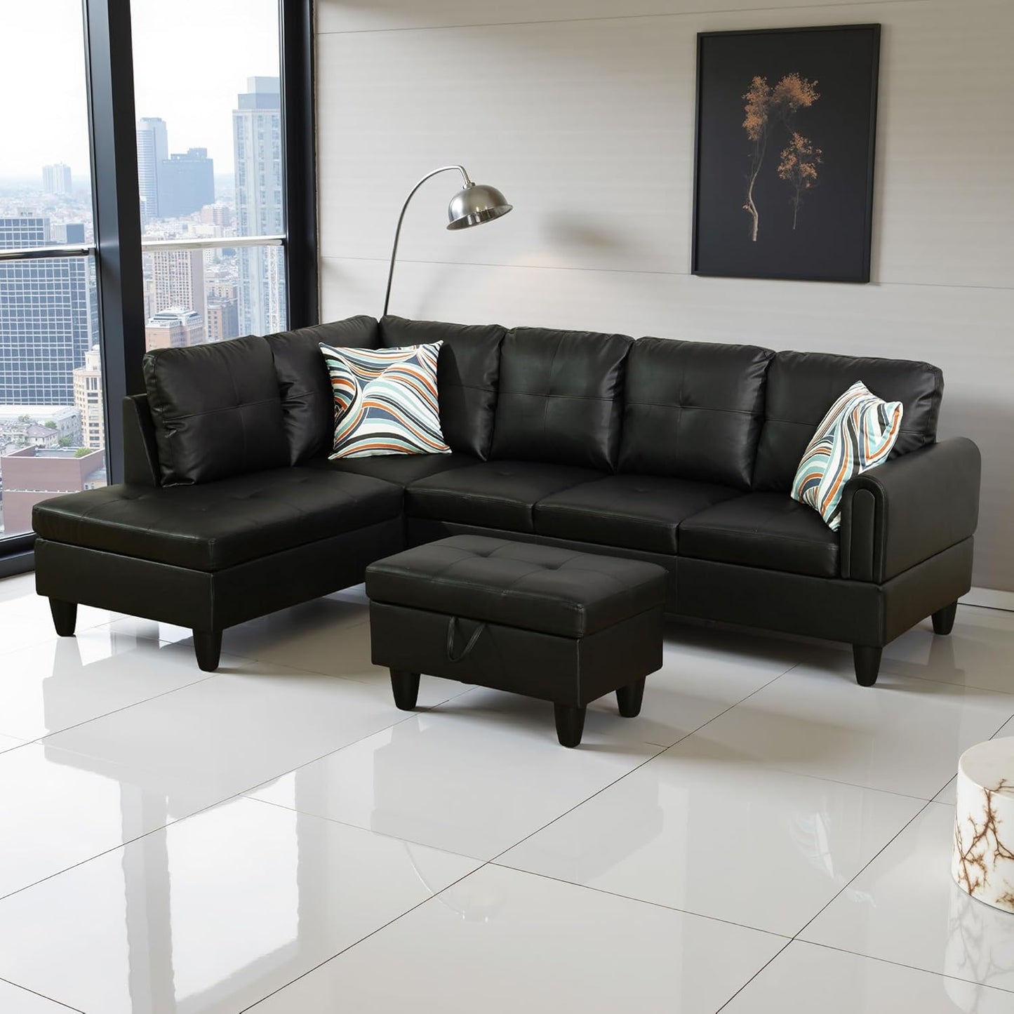 L Shaped Couch Faux Leather Sectional Couch Upholstered 3 Pieces Sofas for Living Room with Chaise, Storage Ottoman for Office and Small Apartment, Classic Black