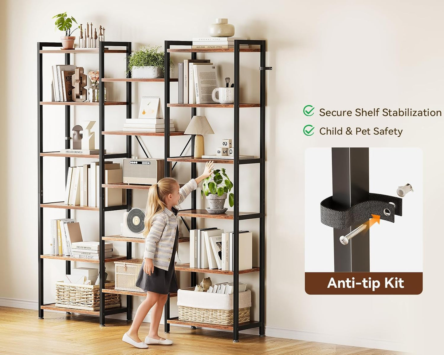 Casaottima Triple 6 Tier Bookshelf, Large Bookcase with 17 Open Display Shelves, Modern Industrial Book Shelves Book Case for Bedroom, Wide Standing Shelving Unit for Living Room Home Office, Vintage