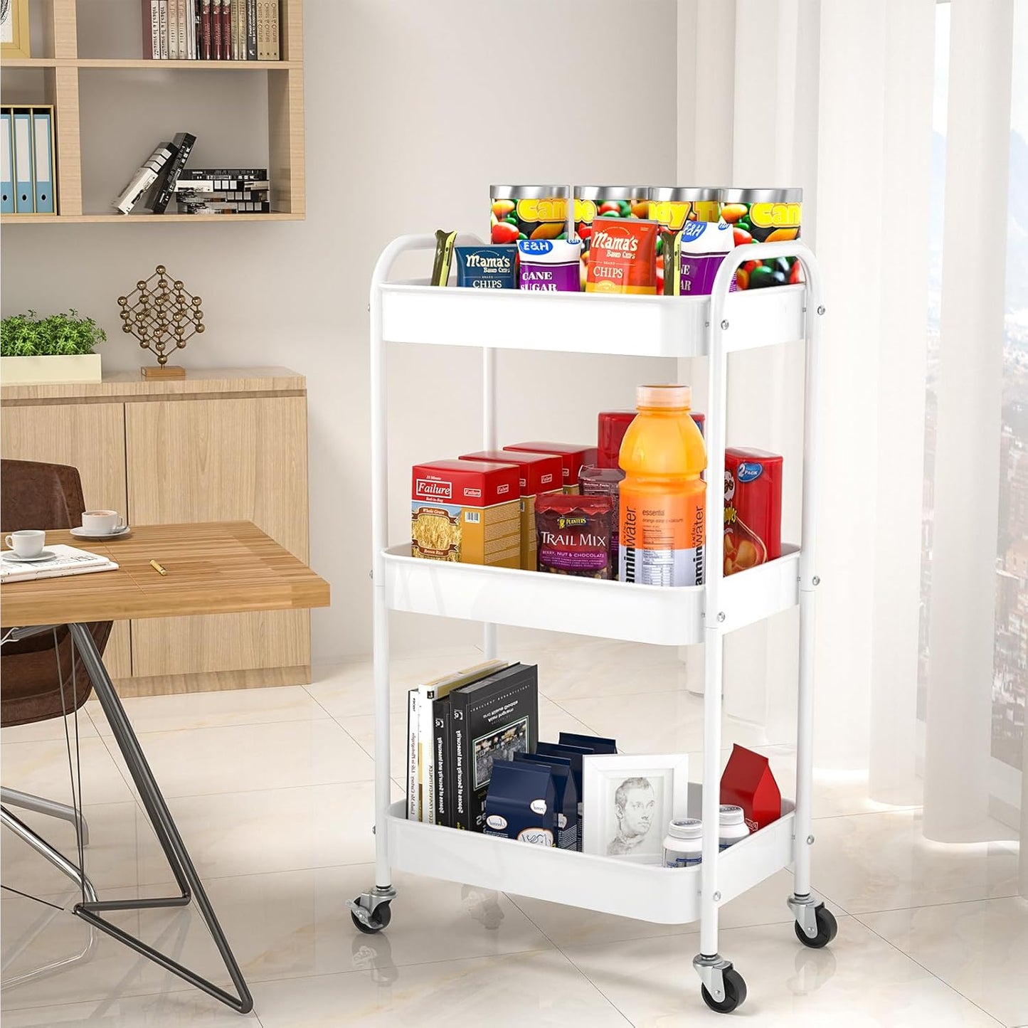 3-Tier Rolling Metal Storage Cart with Wheels, Multi-Functional Organizer for Office, Kitchen, Bathroom, Books Diapers - Easy Assembly (White)