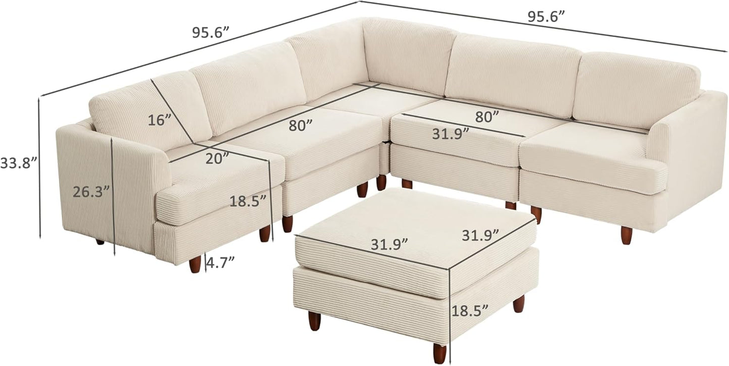 127.5" L/U-Shaped Sectional Couch with Movable Ottoman & 6 Removable Back Cushion, Corduroy Fabric Upholstered 6 Seat Modular Sleeper Sofa,DIY Free Combination Couches for Living Room,Beige