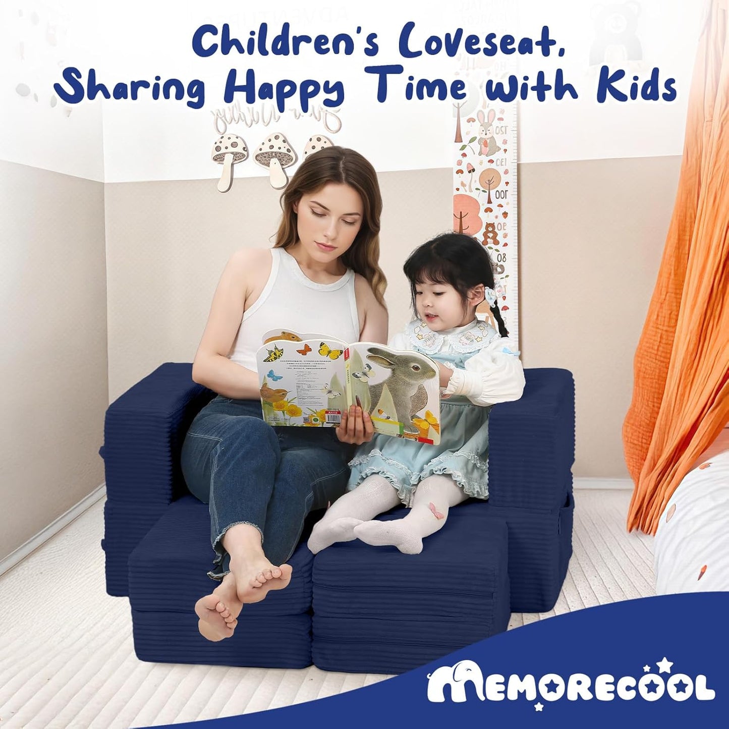 MeMoreCool Modular Kids Couch, Corduroy Play Toddler Couch for Bedroom Playroom Furniture, Convertible Foam Kids Sofa Bed, Fold Out Baby Sofa for Girl Boy, Navy