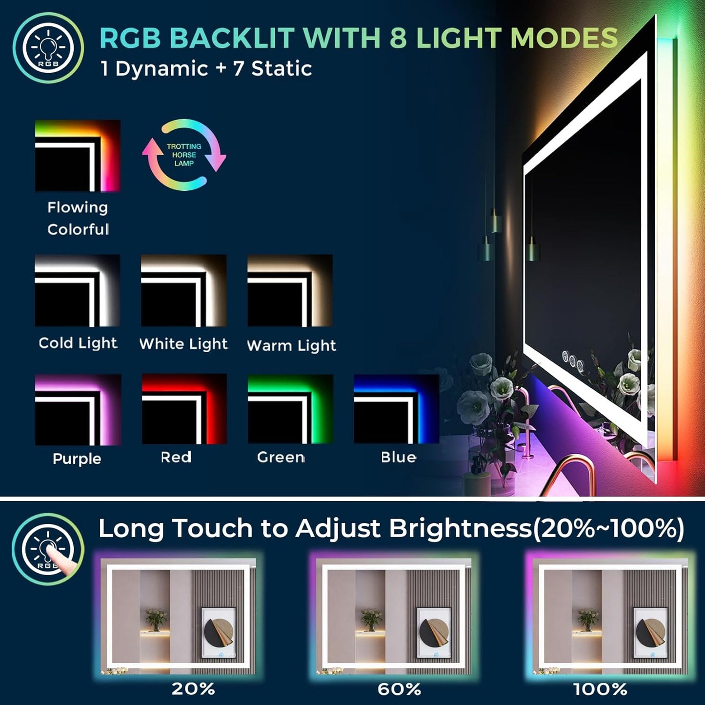 51x40 Inch RGB LED Bathroom Mirror Front Light and RGB Backlit Lighted Vanity Mirror for Bathroom Wall Mounted Dimmable Anti Fog Memory Shatter-Proof IP54 Waterproof Horizontal/Vertical