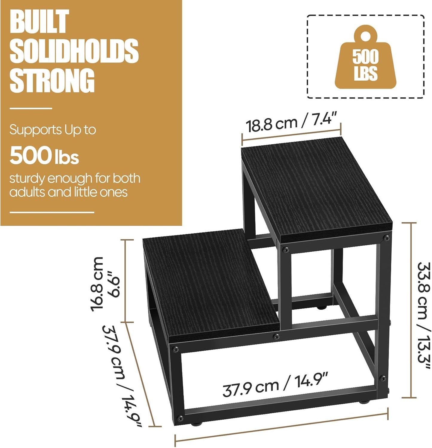 Wood and Metal 2 Step Stool for Adults & Kids – Heavy Duty Rustic Step Stools, 500 Lbs Capacity Non-Slip Stepping Stool for High Beds, Kitchen, Bathroom, Closet, Durable Foot Stool for Home Use,Black