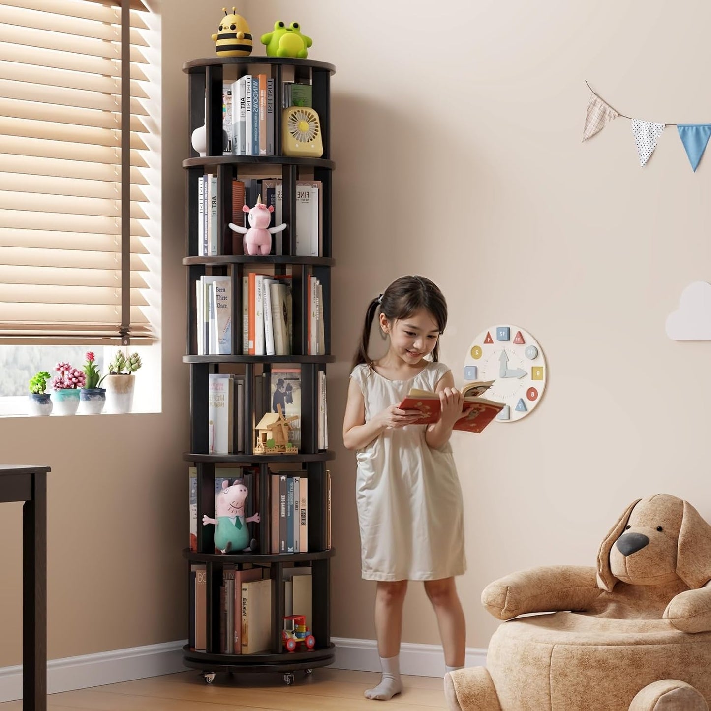 Solid Wood Rotating Bookshelf on Wheels, 6 Tier, Round Revolving Bookcase, 360° Spinning Book Shelf Tower for Kids, Narrow Rolling Bookshelves for Small Space, Corner, Bedroom, Office, Black