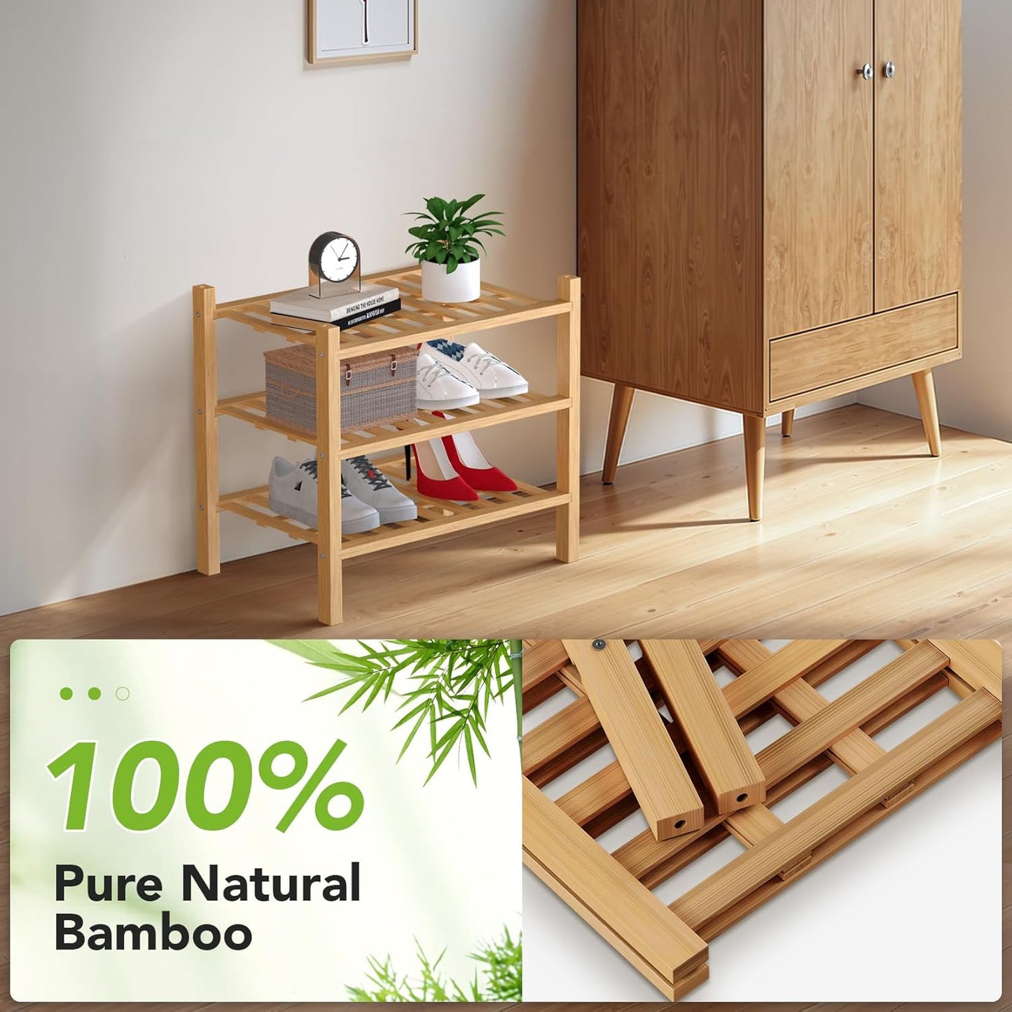 Haddockway small 3 Tier Bamboo Shoe Rack Storage Organizer,Multifunctional Free Standing Stackable Shoe Shelf with Grid Panel for Closet,Hallway,Entryway,Small Space 18"x11"x17"(Natural, 3-Tier Small)