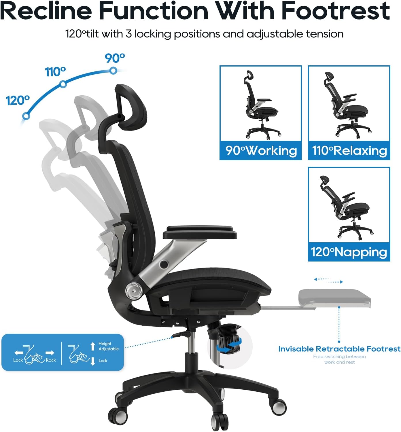 COLAMY Ergonomic Office Chair with Footrest, High Back Mesh Desk Chair with Adjustable Lumbar Support, 3D Armrests, Headrest, Recline Function, Rolling Swivel Task Chair for Home Office (Graphite)