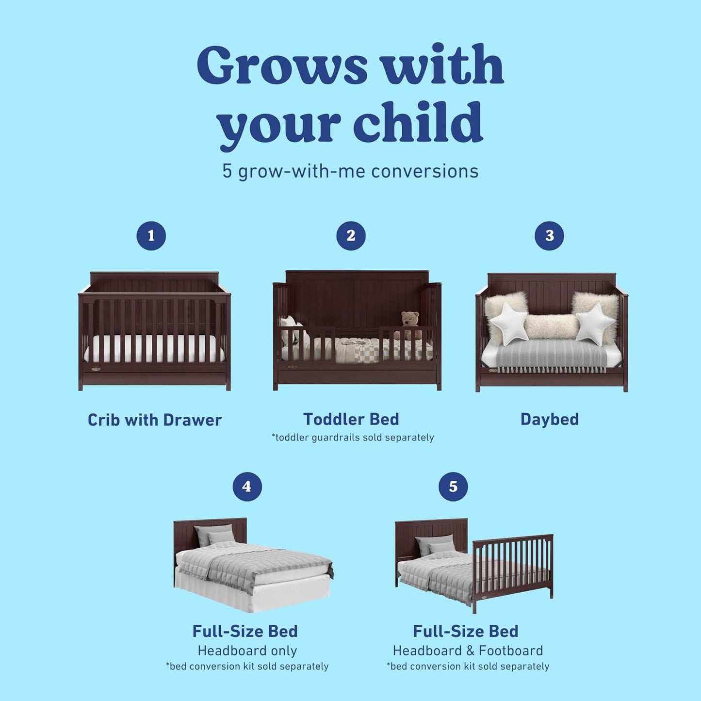 Graco Hadley 5-in-1 Convertible Crib with Drawer (Espresso) – GREENGUARD Gold Certified, Fits Standard Crib Mattress, Converts to Toddler Bed, Daybed and Full Bed, 4 Adjustable Mattress Heights