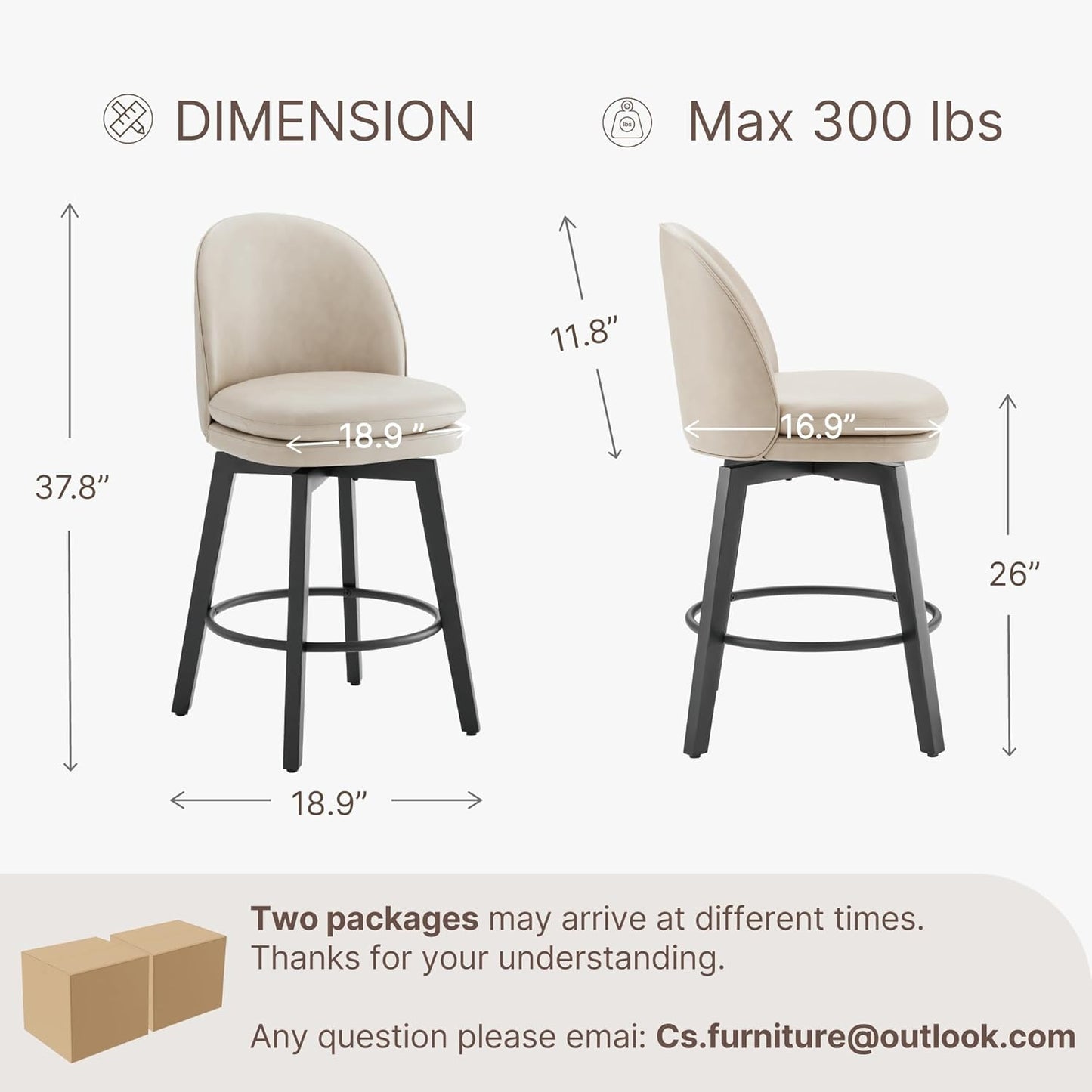 Counter Height Barstools 26 inch Upholstered Swivel Bar Stools with Back and Wood Legs for Kitchen Island,Set of 3,Beige PU Leather-Armless