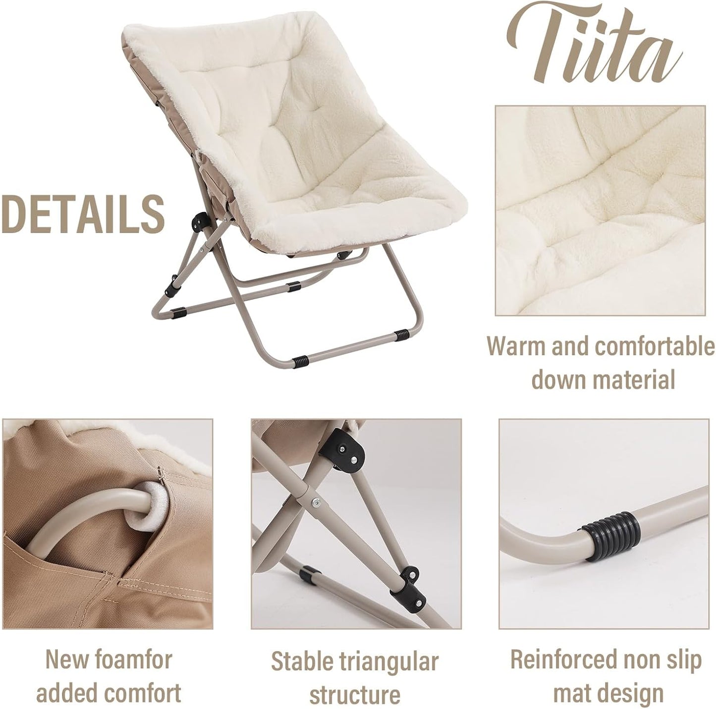 Tiita Folded Chair with Ottoman, Soft Faux Fur Oversized Folding Accent Chair,Lounge Lazy Chair, Metal Frame Moon Chair for Bedroom, Living Room, Dorm Rooms, Garden and Courtyard
