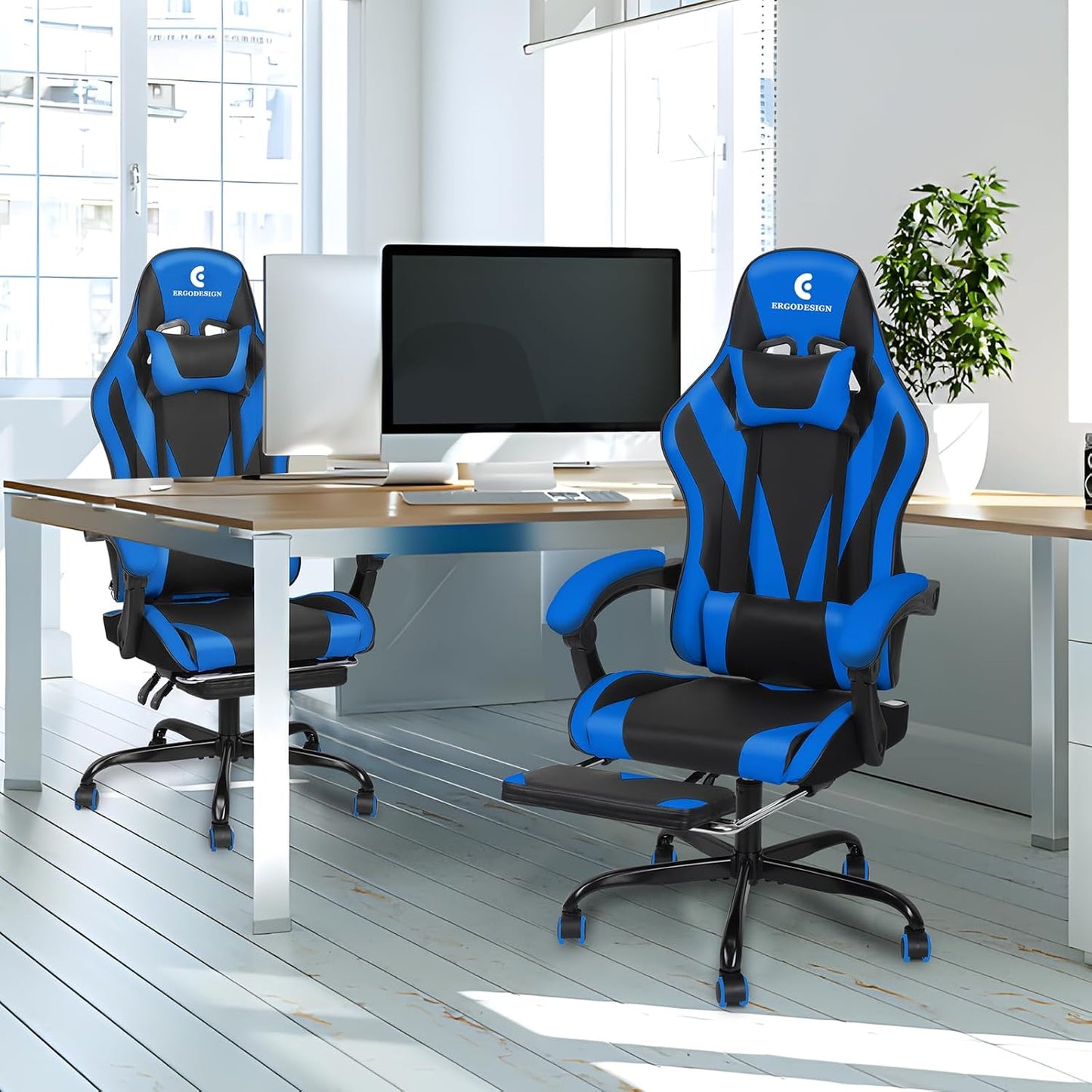 Gaming Chair with Linkage Armrest & Footrest, High Back Video Gaming Chair, Black/Blue