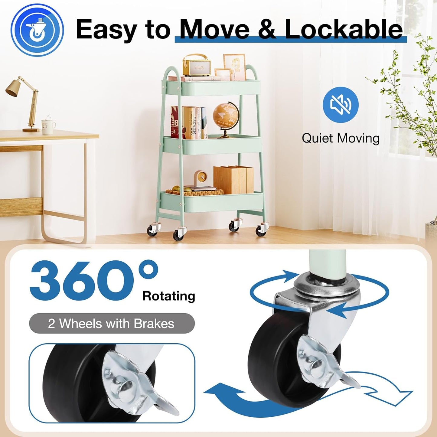 OLIXIS 3 Tier Utility Rolling Cart with Lockable Caster Wheels, Metal Mobile Storage Shelf, Organization for Livingroom, Bathroom, Kitchen, & Narrow Places, Light Green