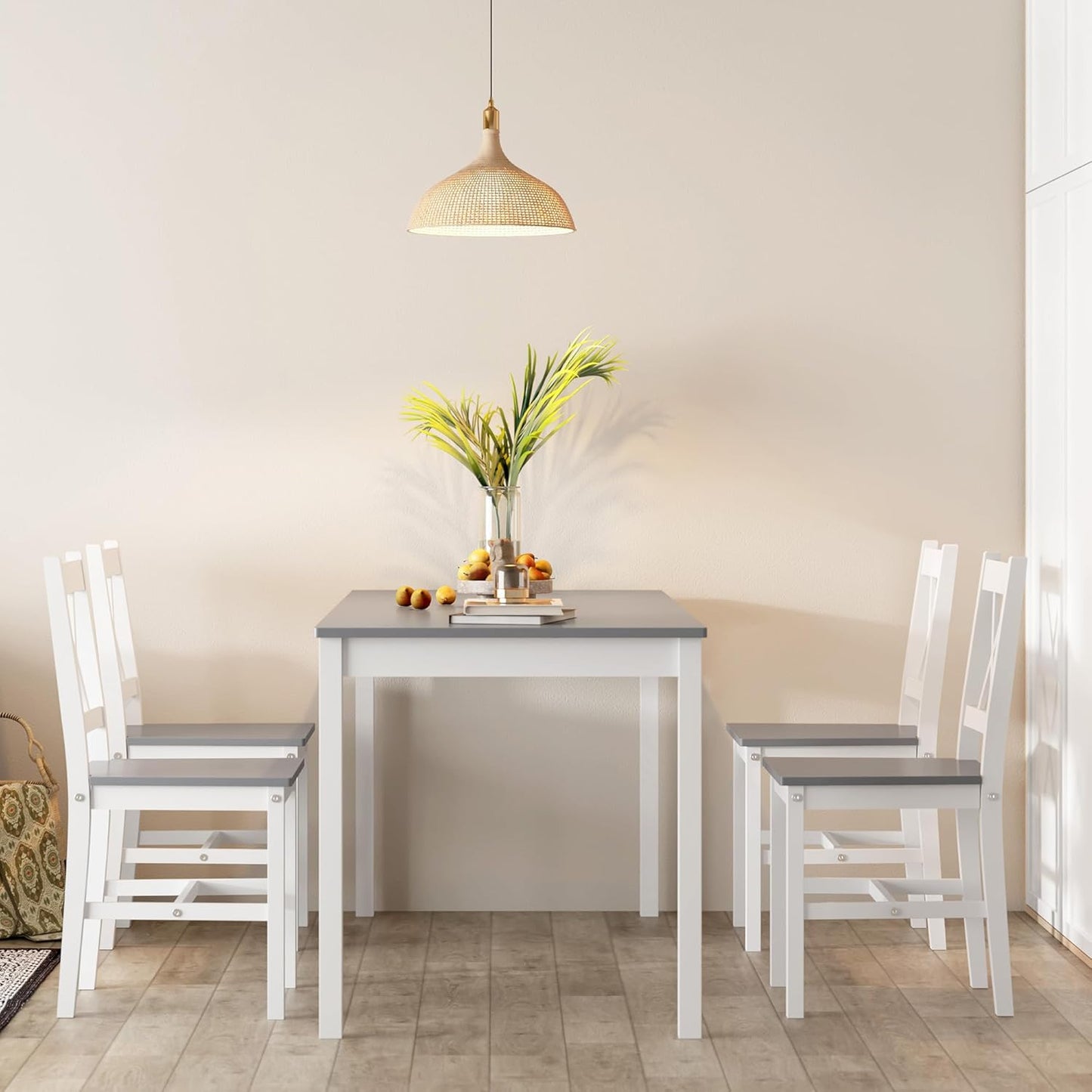 soges 5 Pieces Dining Table Set, Pine Wood Kitchen Table with 4 Chairs, 47.2 inch Table Set for 4, Rectangular Dining Table Furniture Set for Kitchen, Dining Room, Dinette, White Grey