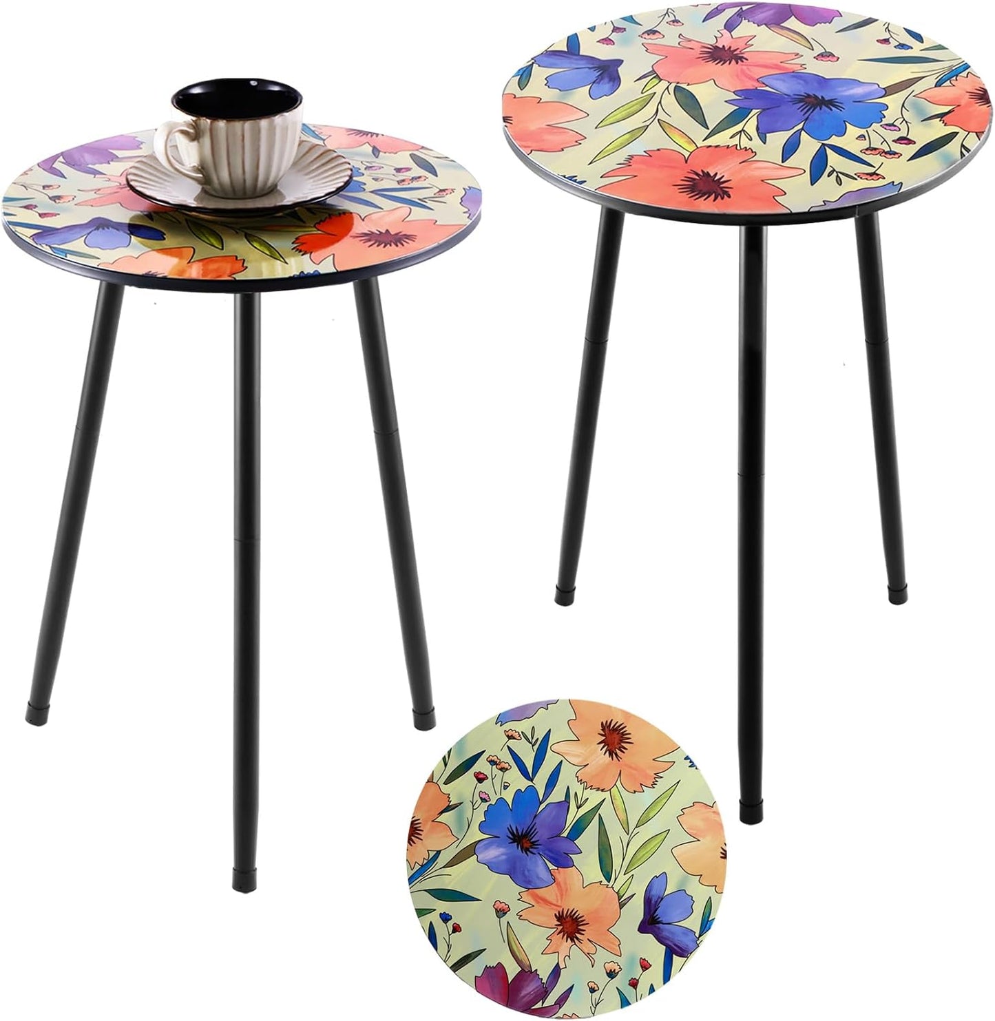 2 Packs Metal Floral Round Side Table 13.2" Small Outdoor Patio Round Accent Coffee Tables Indoor Corner Stand for Small Spaces Weather-Resistant for Balcony Plant Stand
