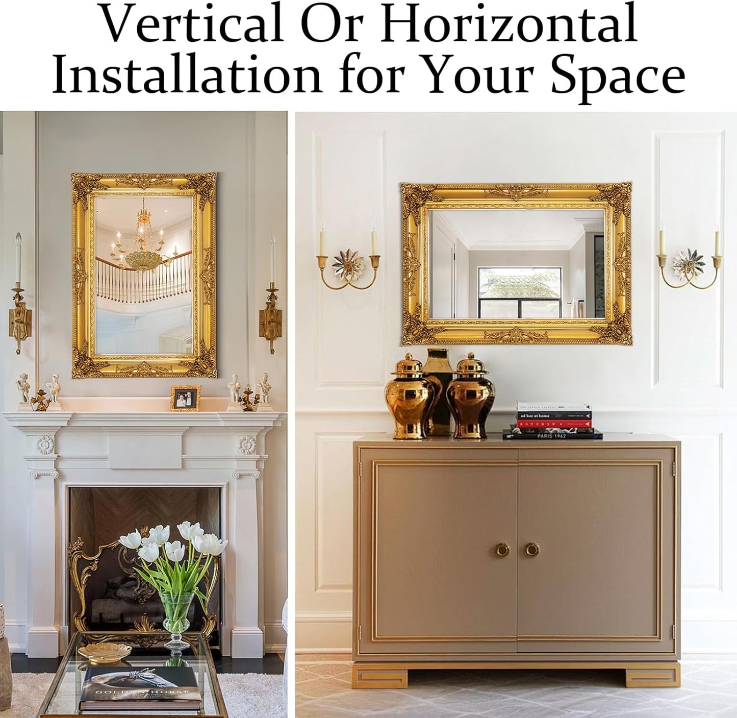 Antique Gold Mirror for Wall Decor, 28" x 20" Gold Vintage Baroque Mirrors with Ornate Frame, Traditional Antique Living Room Mirror, Horizontal/Vertical