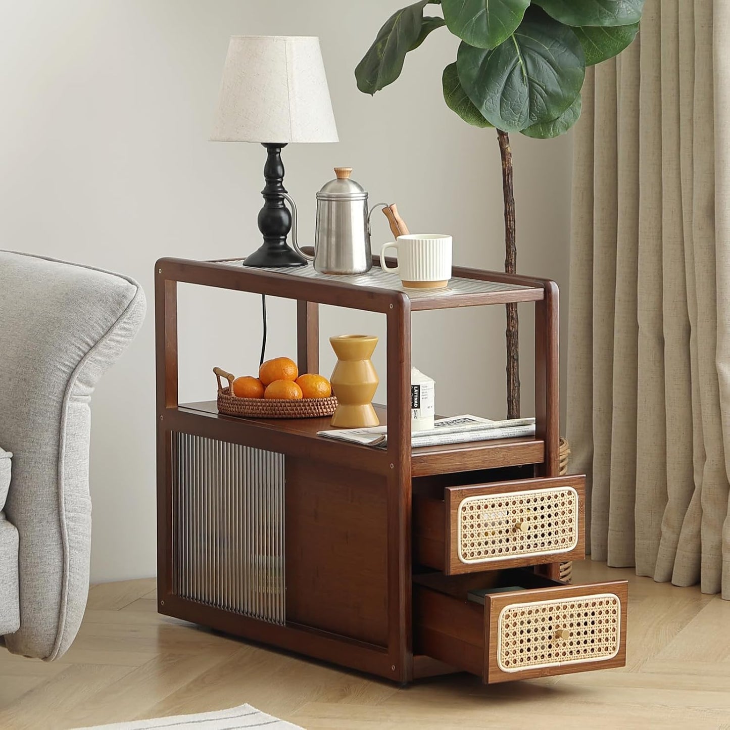 Rattan Nightstand Side Table with Storage, Bamboo Nightstand Bedside Table, Glass Mid Century Modern End Tables for Small Spaces, Living Room, Bedroom，Walnut