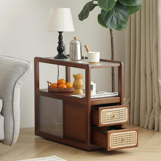 Rattan Nightstand Side Table with Storage, Bamboo Nightstand Bedside Table, Glass Mid Century Modern End Tables for Small Spaces, Living Room, Bedroom，Walnut