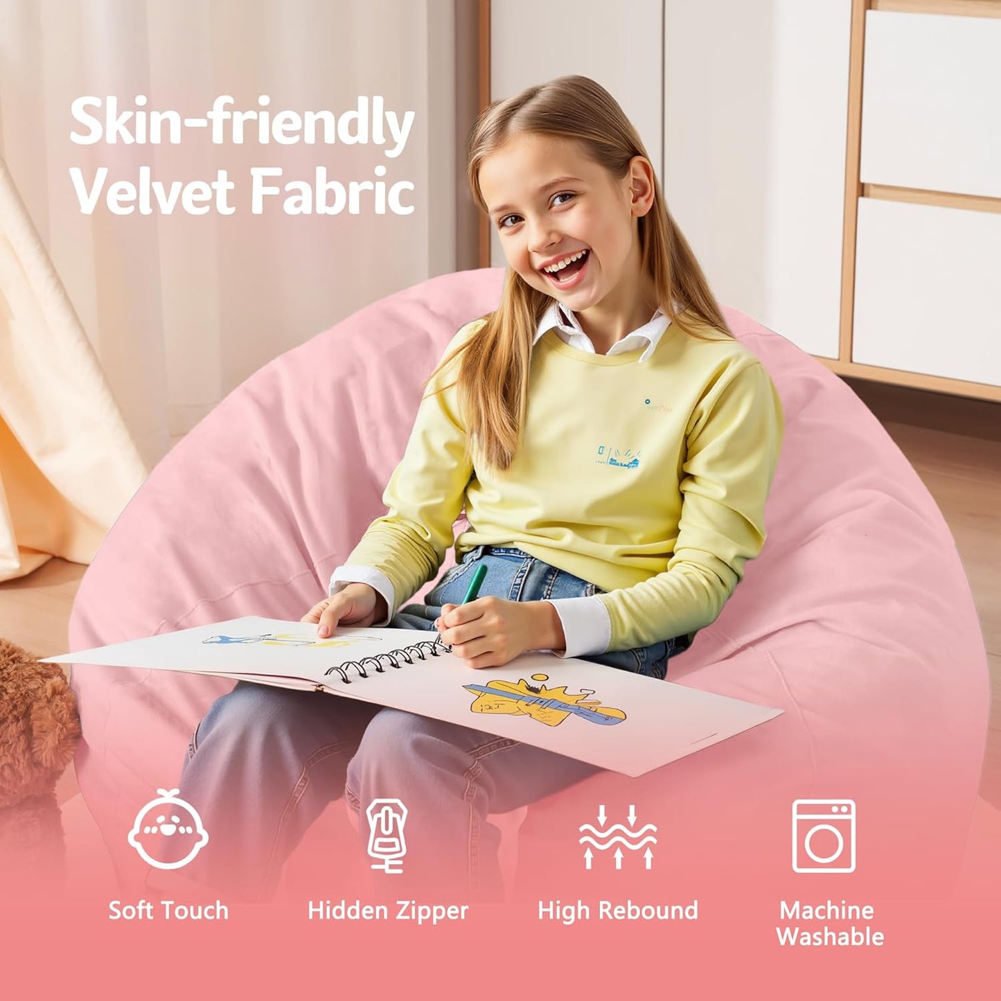 Homguava 2FT Bean Bag Chair: 2' Bean Bags with Memory Foam Filled,Comfy Beanbag Chairs Round Bean Bag Sofa with Dutch Velvet Cover-Light Pink