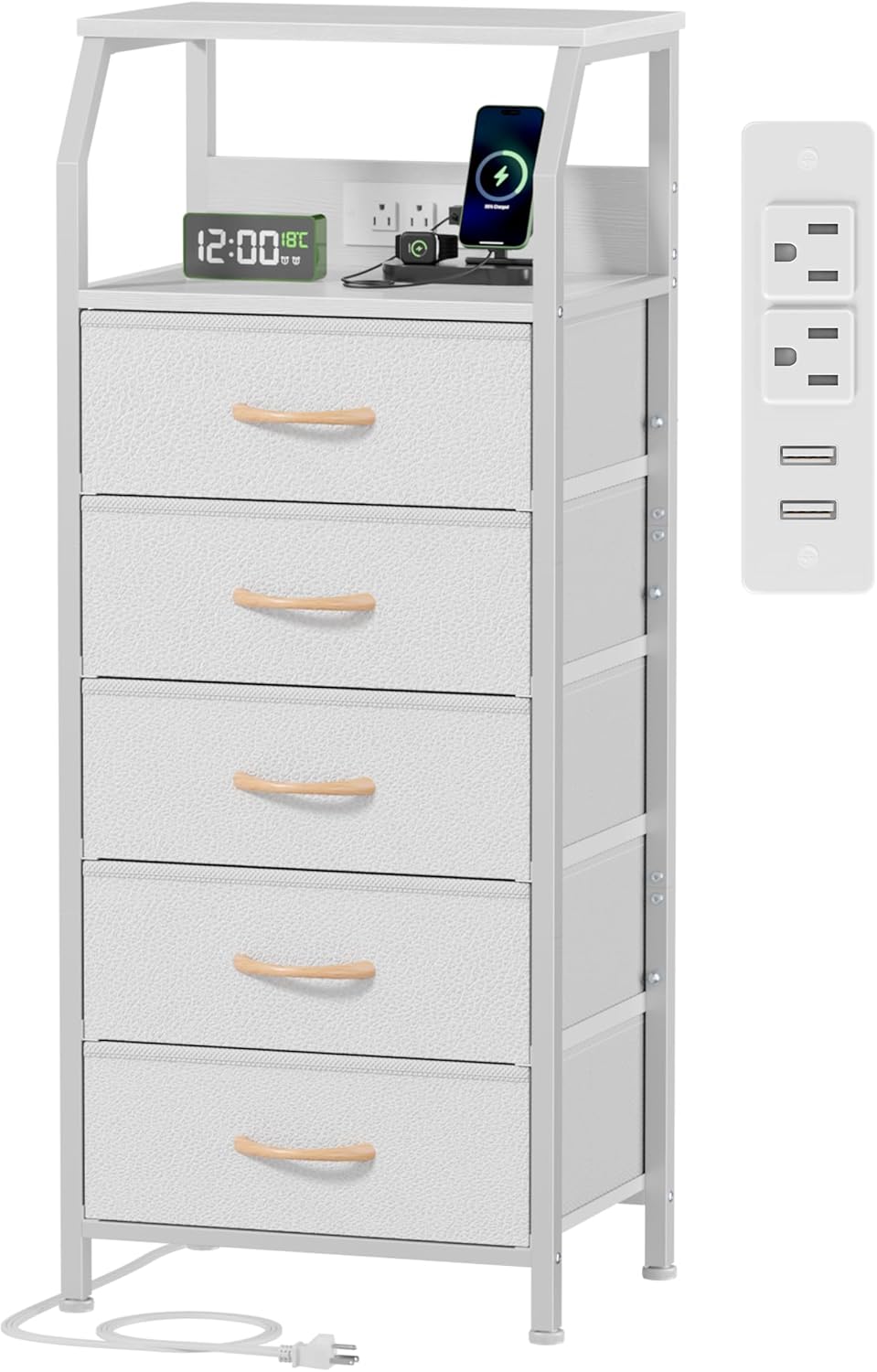 Furnulem 5 Drawers Dresser with Charging Station, Tall Night Stand with Open Shelf, Storage Tower with PVC & Fabric Drawer, Bedside Table for Bedroom, Closet, Entryway, 3 Ways to Use, White