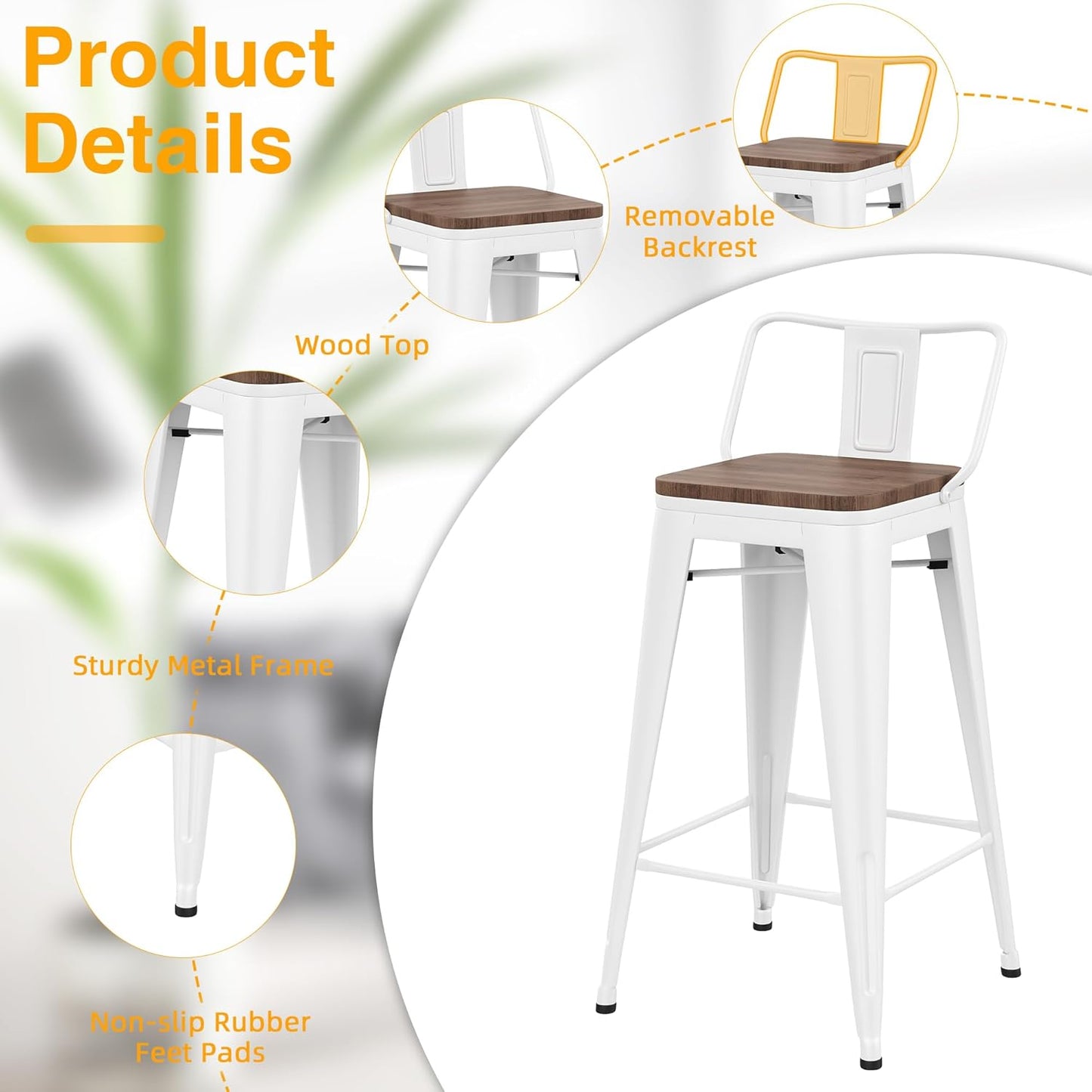 Yongchuang 26 inch Bar Stools Set of 4 Kitchen Counter Height Chairs with Wood Seat Industrial Low Back Metal Barstools Cream White