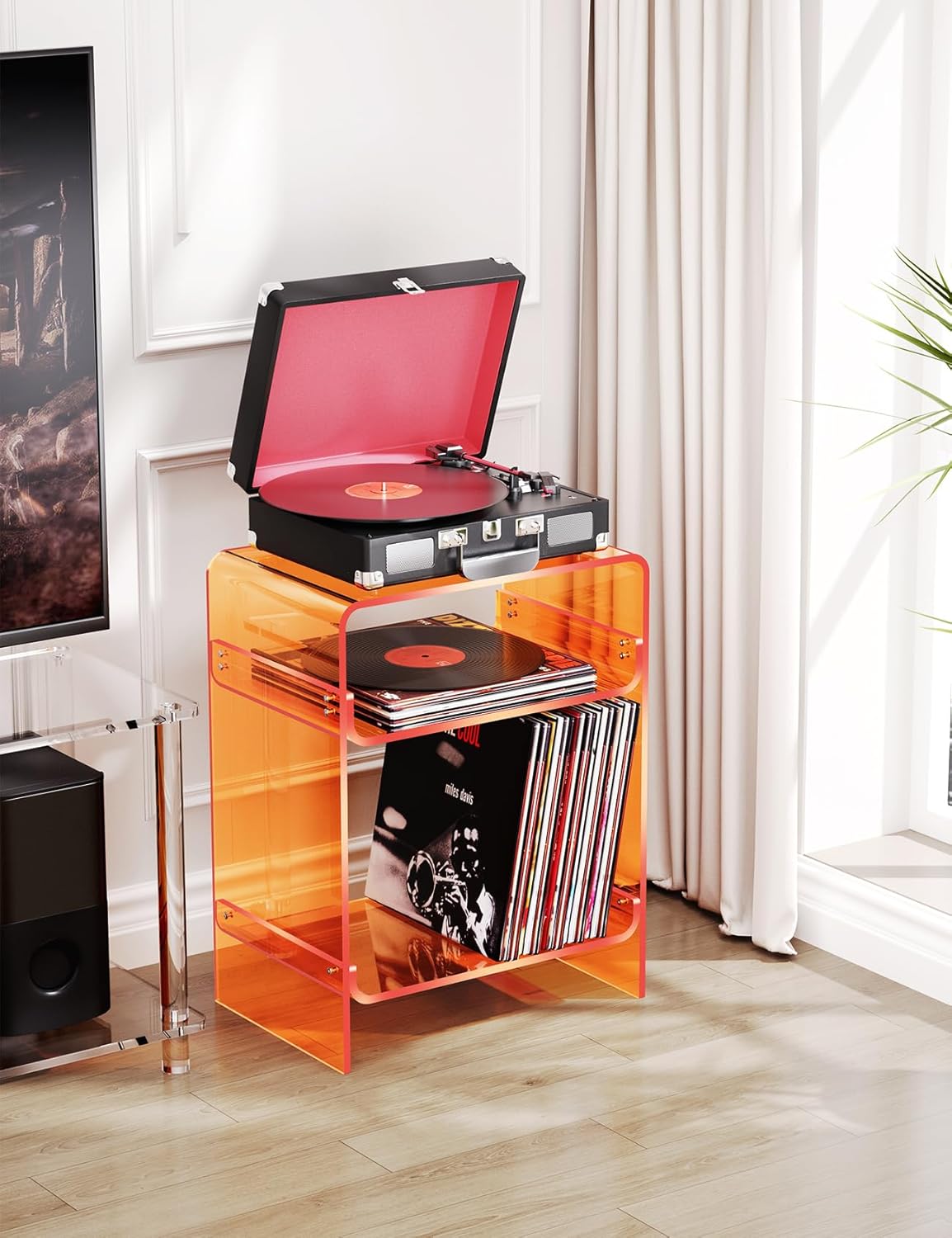 Acrylic Record Player Table with Storage Shelf, Clear Side Table Nightstand (Orange)