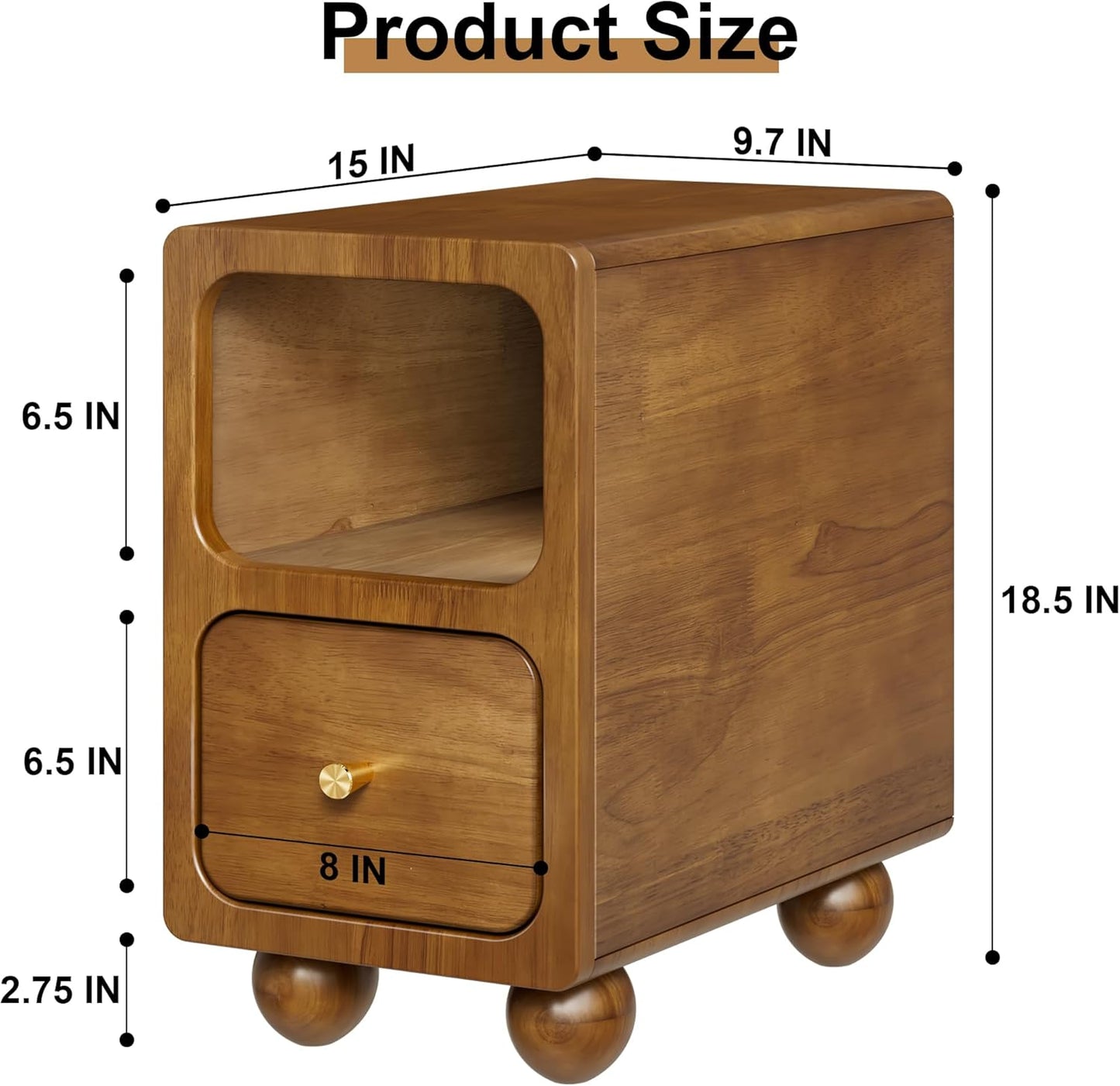 Solid Wood Nightstand, Narrow Night Stand with Drawers, Walnut Mid Century Modern Nightstand, Small Beside Table with Open Storage Shelf for Bedroom (10 inch)