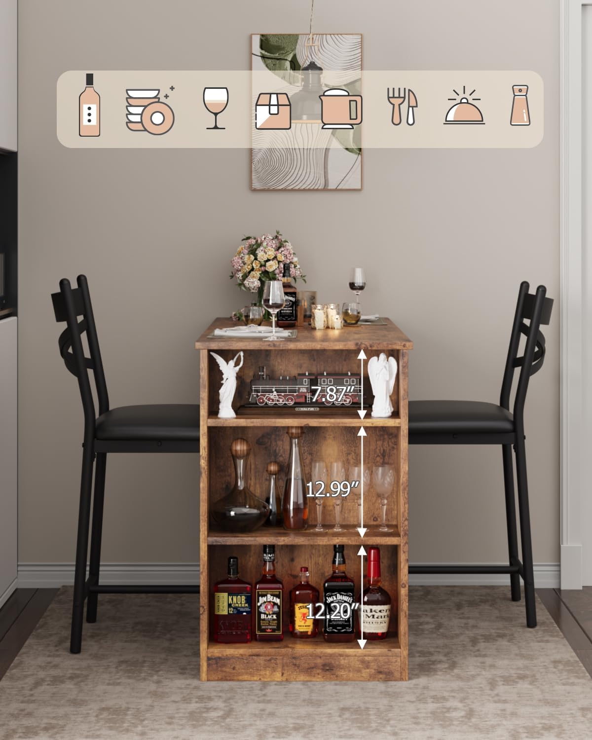 Garvee Bar Table and Chairs Set, 3 Piece Bar Table Set with with Flip Top Extension and Storage Shelves, Dining Table Set for 2, Suitable for Small Space Kitchen Apartment, Brown