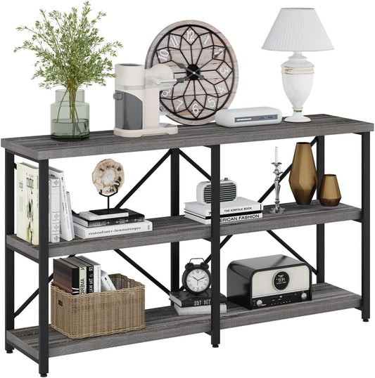 BON AUGURE 55 Inch Console Tables for Entryway, Industrial Sofa Tables for Living Room, 3 Tier Behind Couch Table, Foyer Table for Entry Way (Dark Grey Oak)