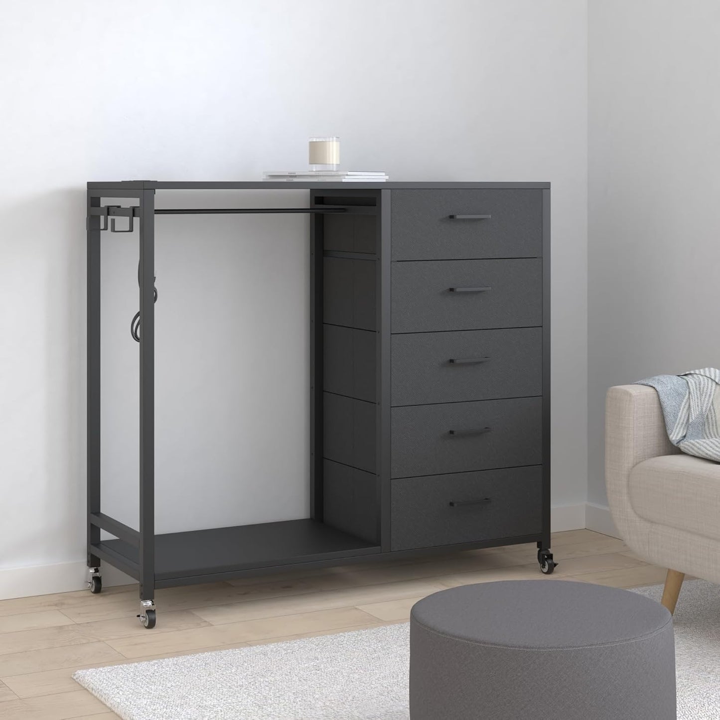 Cyclysio Dresser for Bedroom with Clothes Rack, 5 Fabric Drawers Dresser with Charging Station & LED Lights, Black Storage Chest of Drawers with Wheels, Wooden Top, Lockable Wheels, Closet, Black