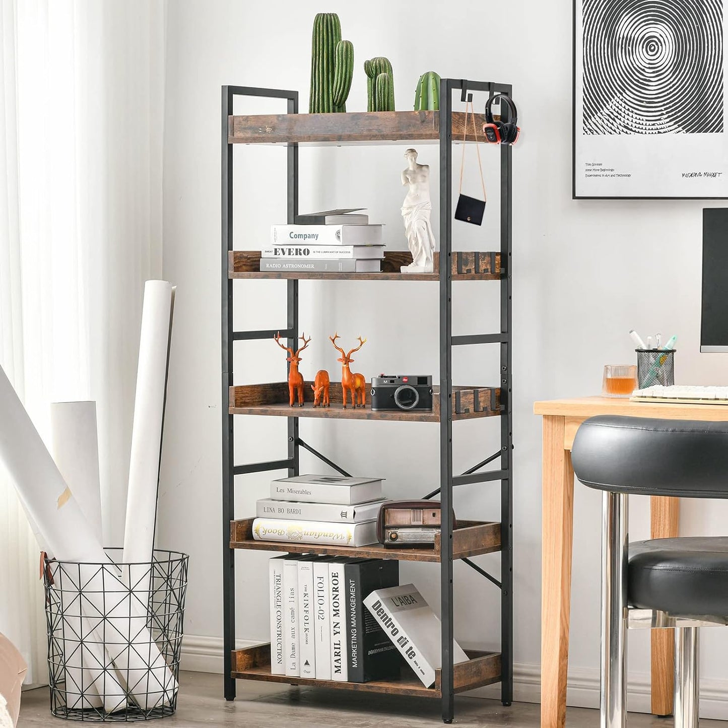 HCHQHS Adjustable 5 Tier Open Bookcase, Rustic Farmhouse Book Shelves, Industrial Wood and Black Metal Bookshelves, Mid Century Bookcase for Home Office Living Room Bedroom