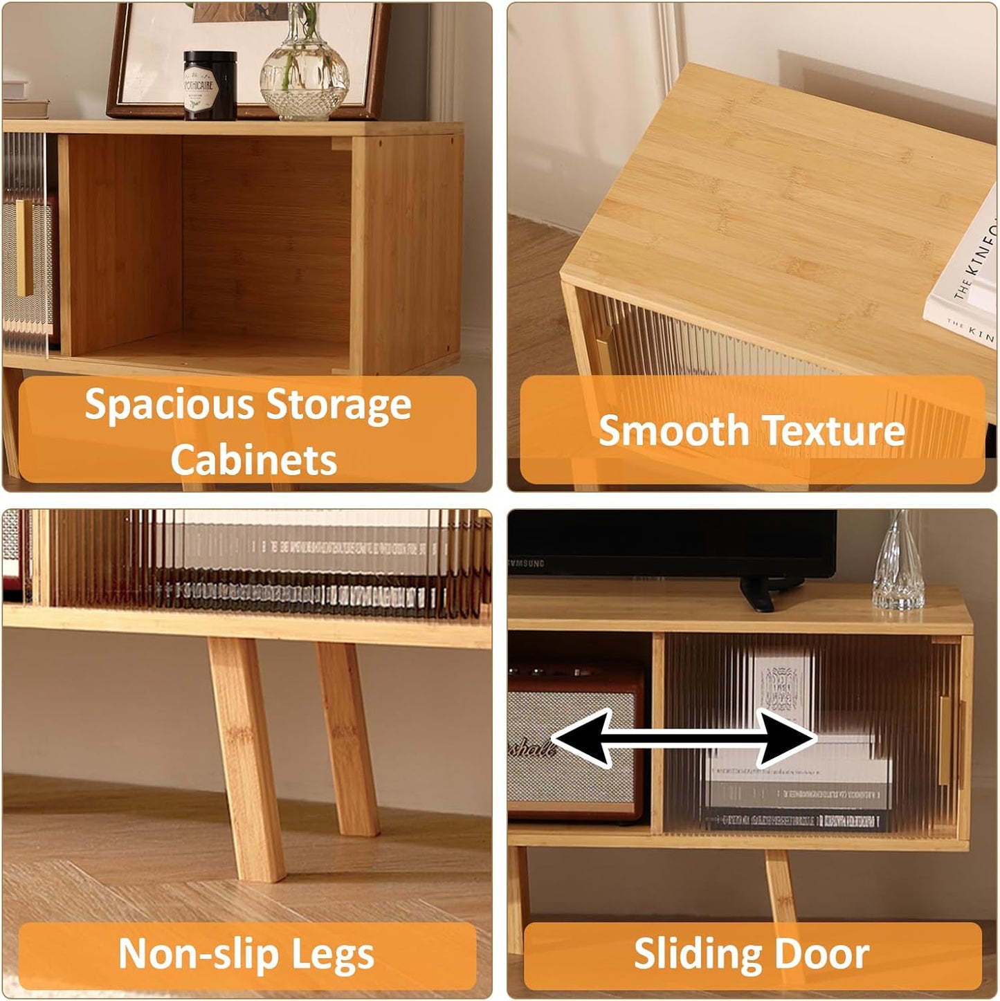 Bamboo TV Stand Entertainment Center- Mid-Century Modern Television Stand for 50 inch TVs, Bamboo Media Console Table, Open Storage Shelves for Living Room, Bedroom and Home Decor