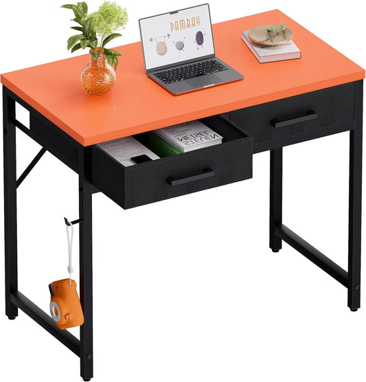 Pamray 32 Inch Small Computer Desk with 2 Drawers for Bedroom Study Writing Home Office Table for Small Spaces Orange