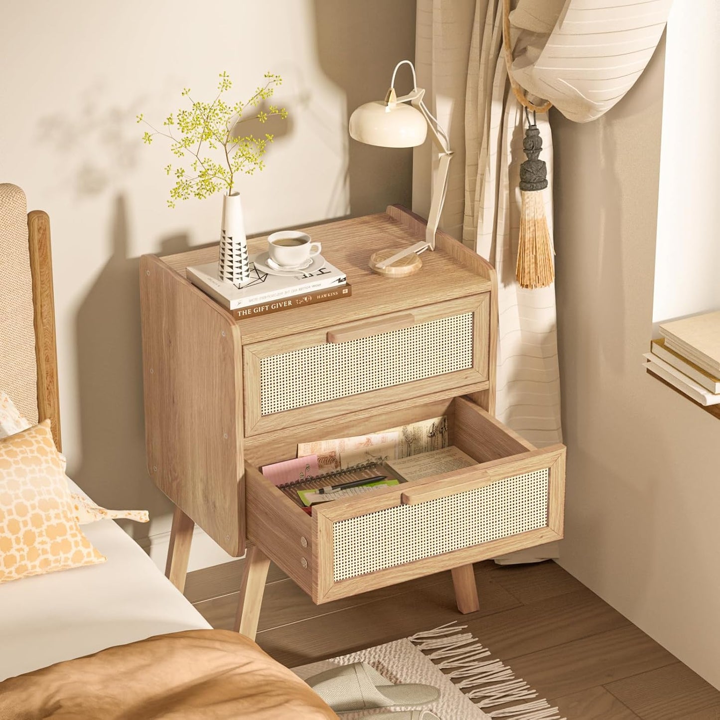 Lerliuo Rattan Nightstands Set of 2, Boho Night Stand with 2 Drawers, Cane Accent Side End Table, Bedside Table with Solid Wood Legs for Bedroom, Dorm and Small Spaces (Natural)