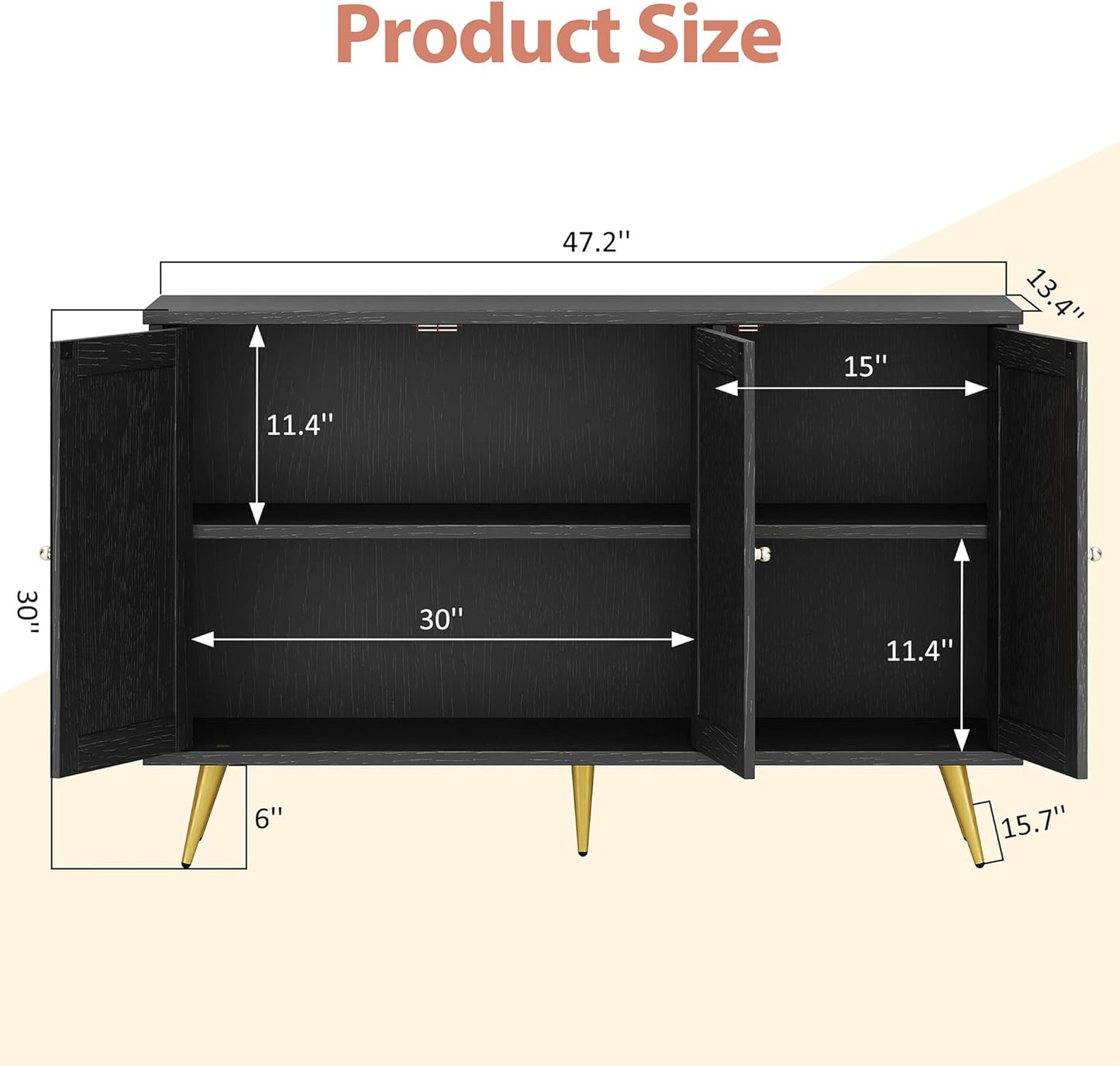 Shintenchi Large Rattan Storage Cabinet, Modern Sideboard Cabinet, Accent Large Storage Space Cabinet with Rattan Decorated Doors for Living Room, Dining Room, Black