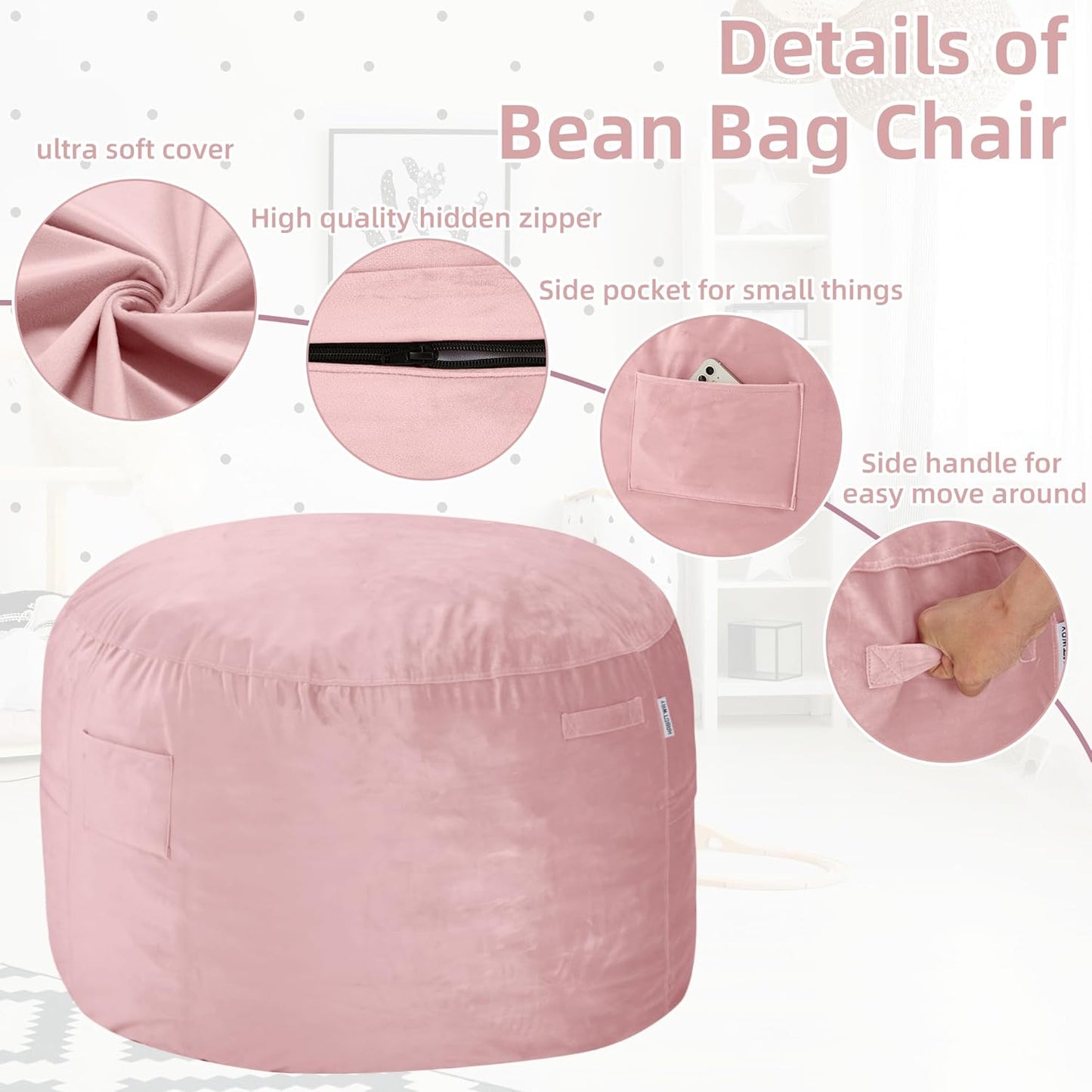 HABUTWAY Bean Bag Chair 3Ft Luxurious Velvet Ultra Soft Fur with High Rebound Memory Foam Bean Bag Chairs for Adults Plush Lazy Sofa with Fluffy Sponge 3' (Pink)