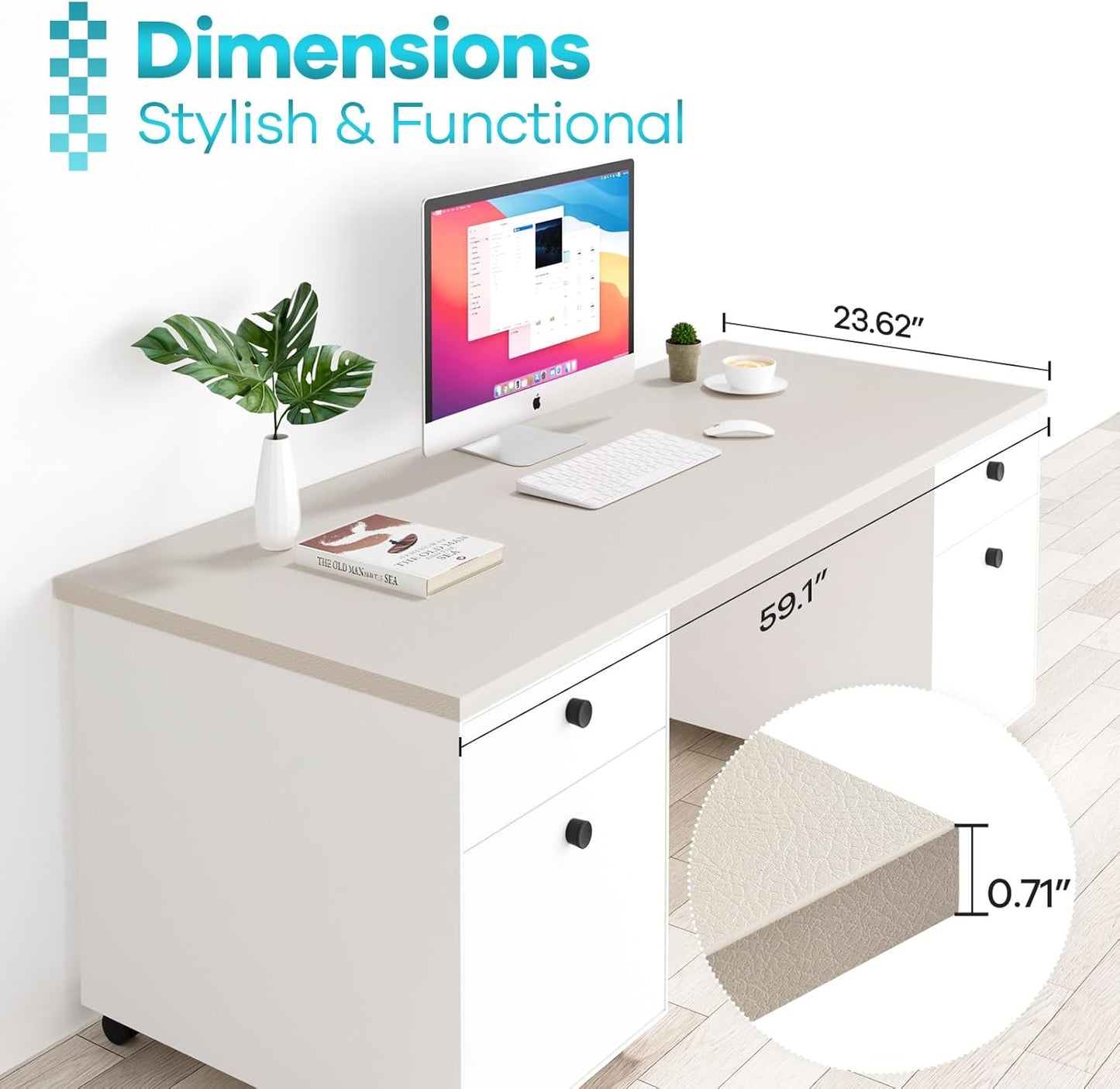 Kaboon Universal Tabletop 59.1"x23.62", Solid One-Piece Melamine Table Top, Double Desk L-Desk DIY, Home and Office Countertop, Leather/Ivory