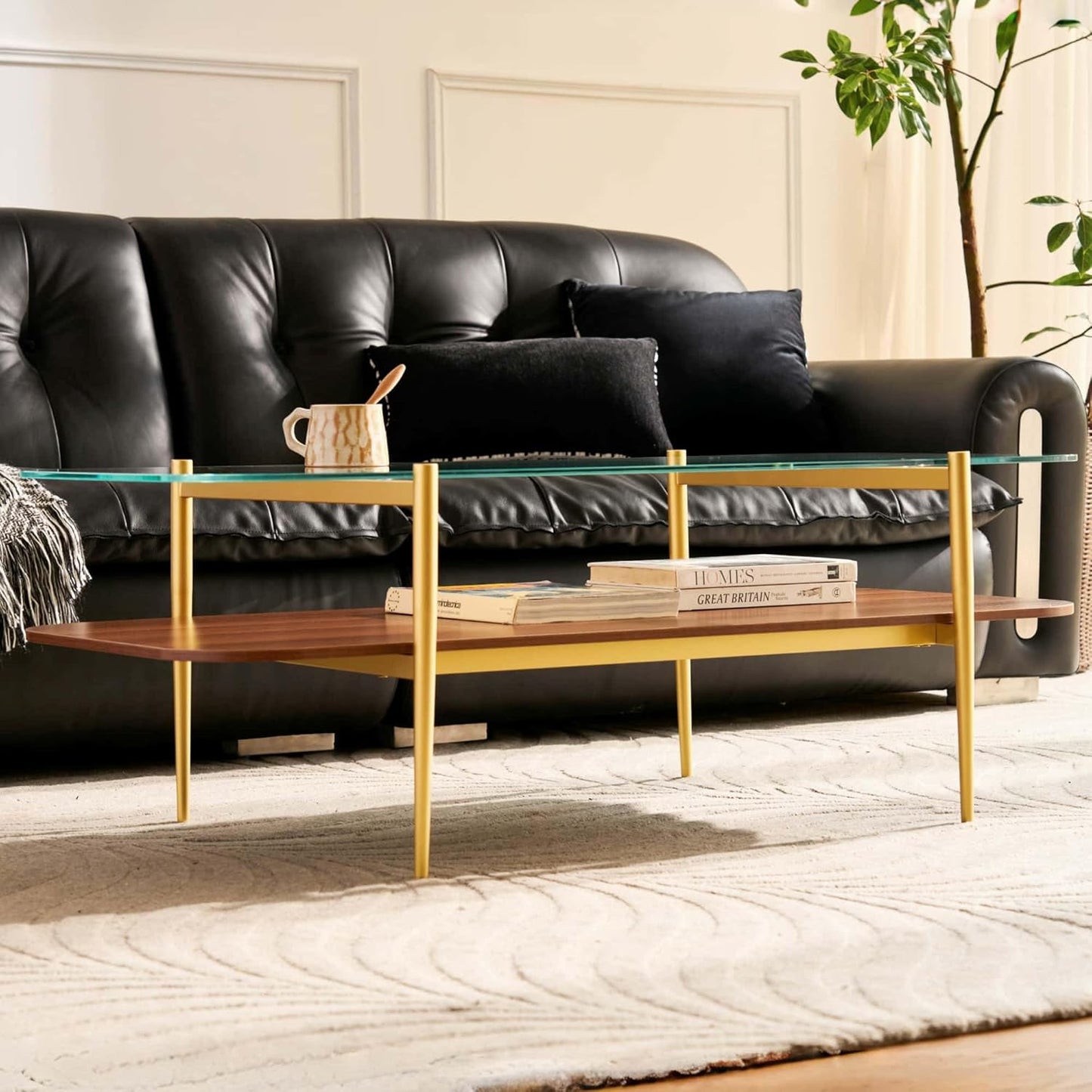 AGV LIGHTING Tadio Large Glass Coffee Table, Mid-Century Modern Coffee Table for Living Room, Gold Finish Leg, Clear Glass Top & Walnut Brown Shelf, 47 in Rrounded Corners