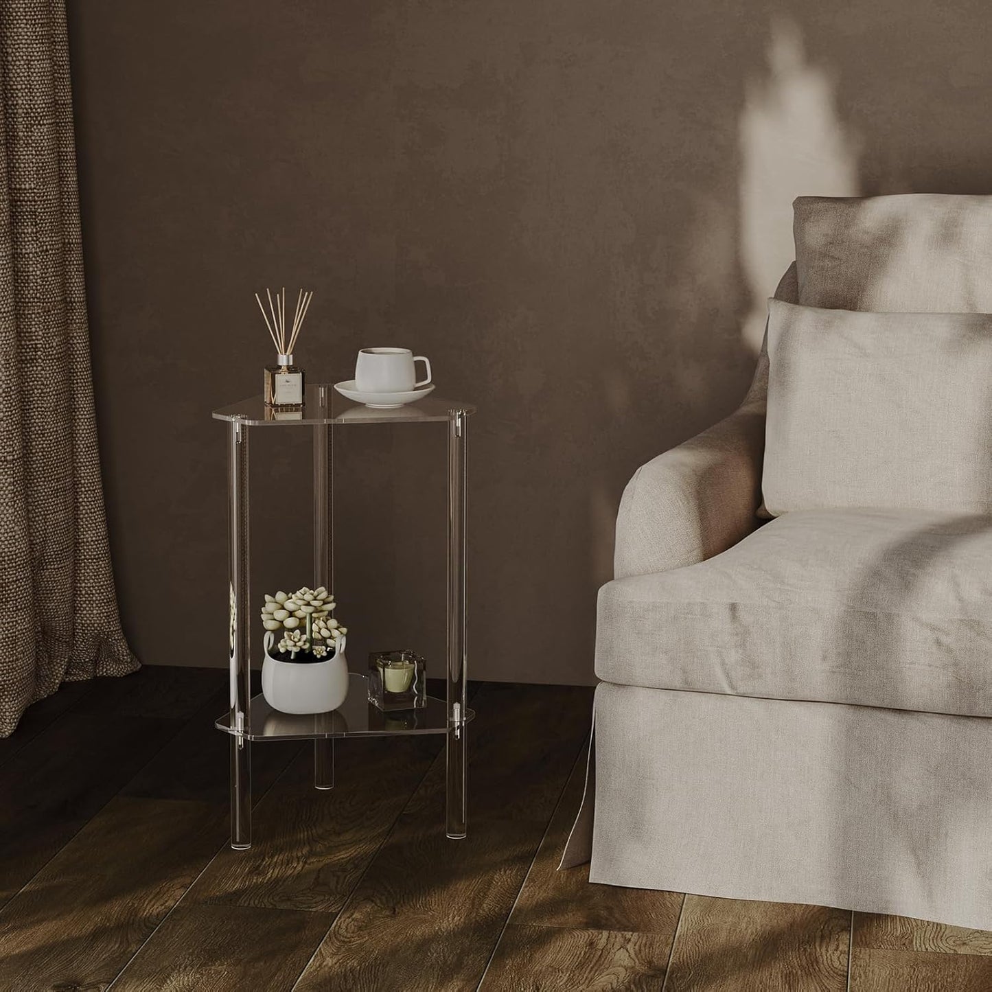 HMYHUM Clear Acrylic Triangle End Table, Corner Side Table for Small Spaces, Small Accent Table for Living Room, Bedroom and Balcony, Easy Assembly