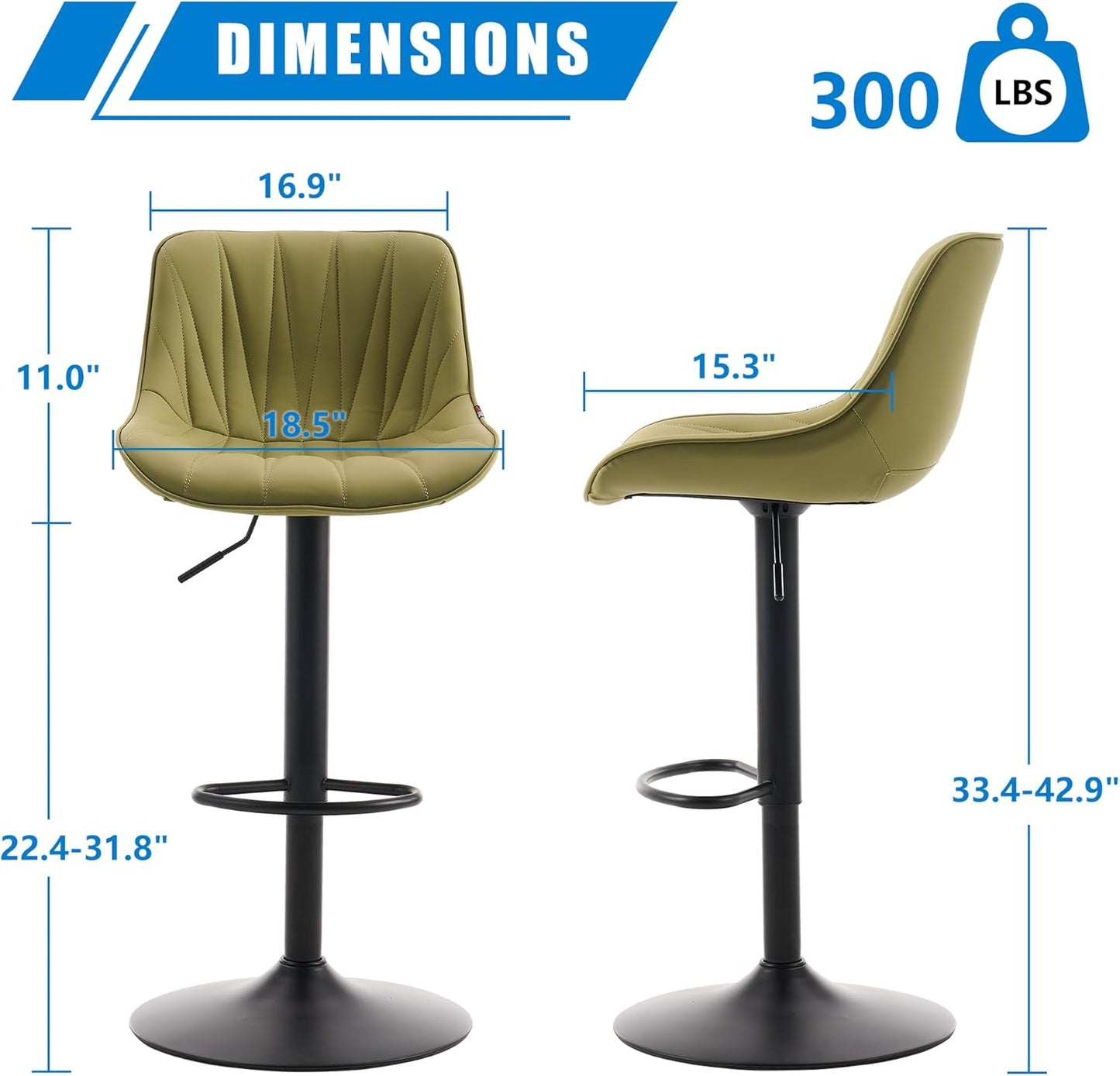 YOUNIKE Bar Stools Set of 2 for Kitchen Island, Grass Green Faux Leather Padded Counter Height Stools, Adjustable Swivel Barstools with Back, Modern Tall Stools with 300LBS Support