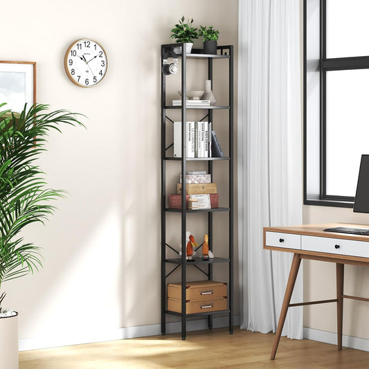 5 Tier Bookshelf, Bookcase with 5 Shelves, Storage Rack Organizer, Corner Wood Storage Shelf with Metal Frame for Bedroom, Living Room (Black)