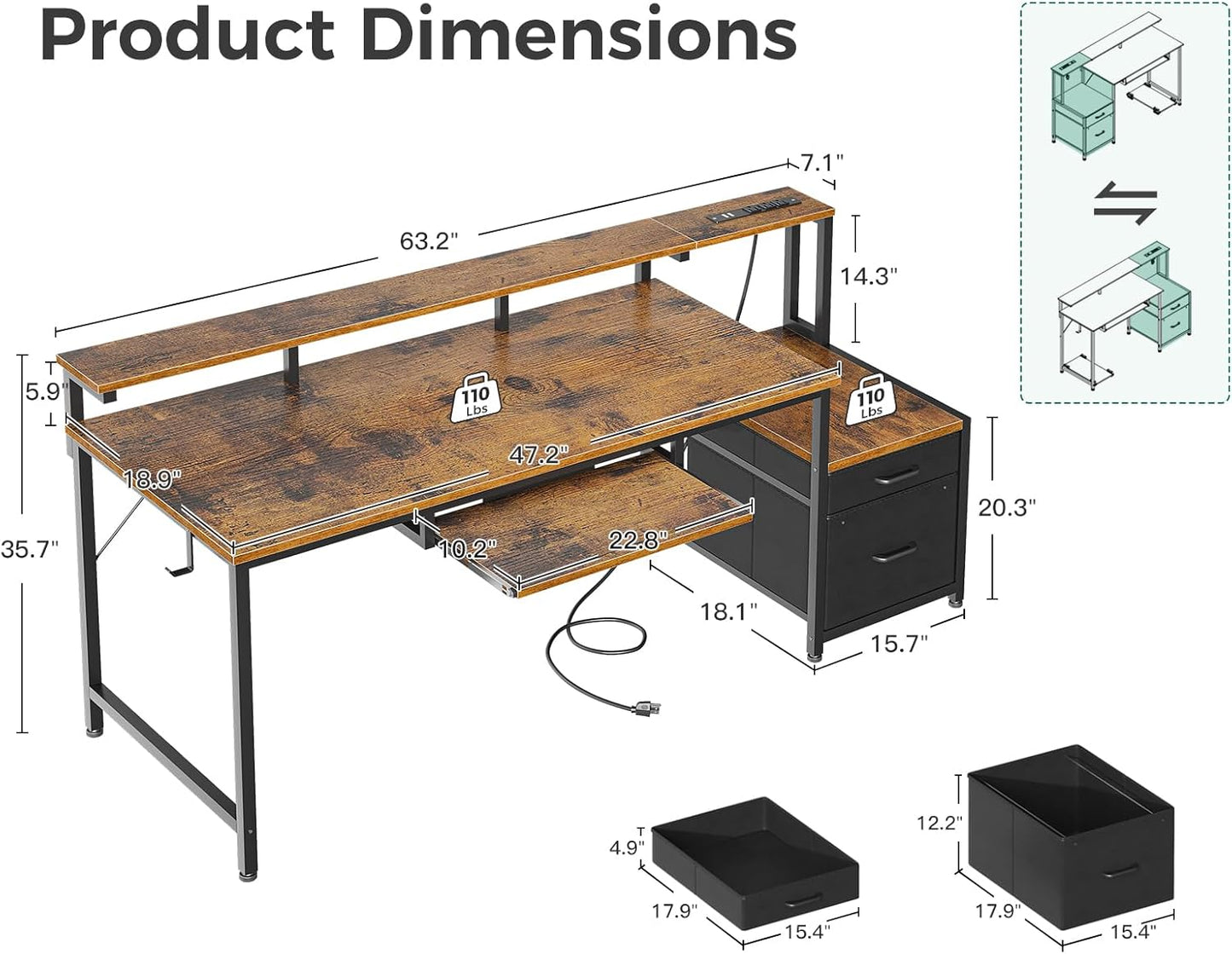 AODK Computer Desk with Drawers and Keyboard Tray, 63" Office Desk with Power Outlet, Reversible Study Work Desk with Printer Shelf and PC Stand for Home Office, Vintage