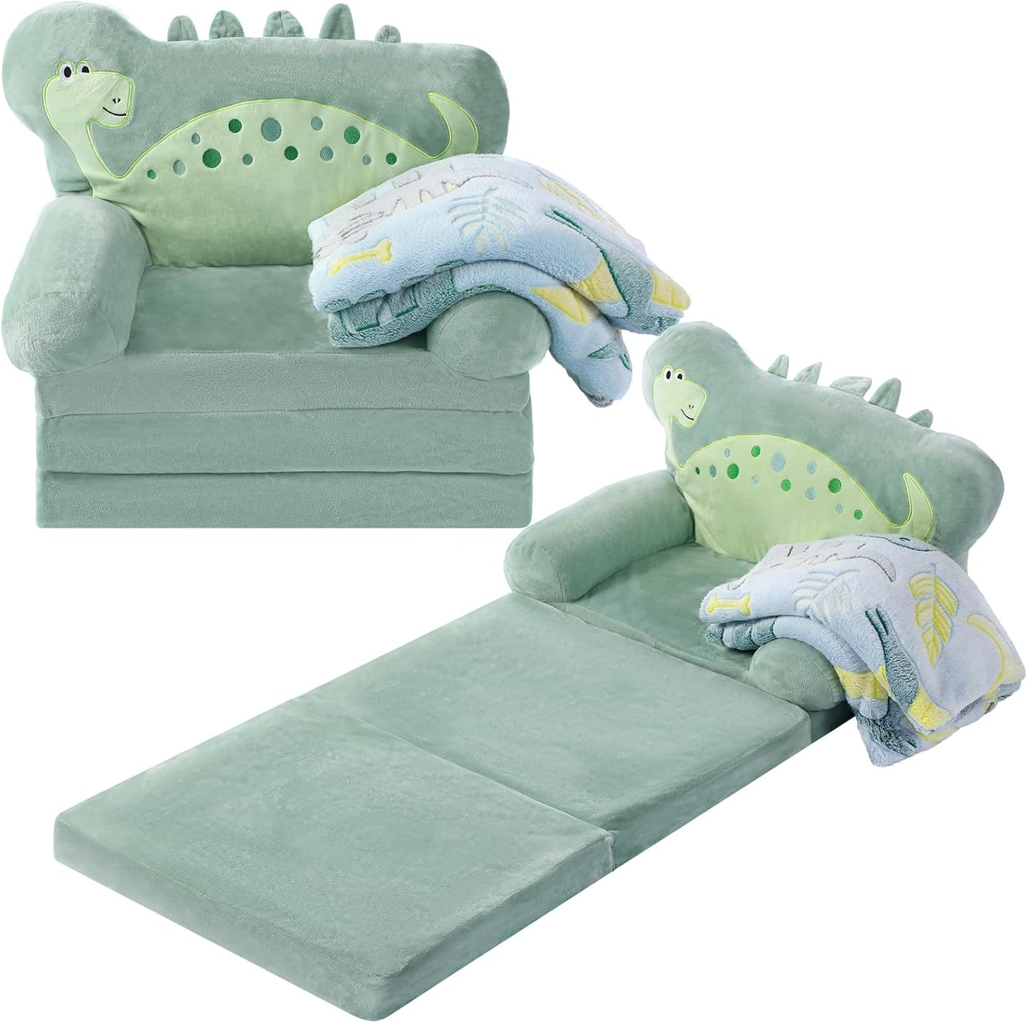 Dinosaur Kids Couch Fold Out 2-in-1 Toddler Sofa Fold Out with Blanket, Soft Toddler Chair Comfy for Boys Girls Baby, Convertible Sofa to Lounger for Napping Reading Playing Christmas, Green