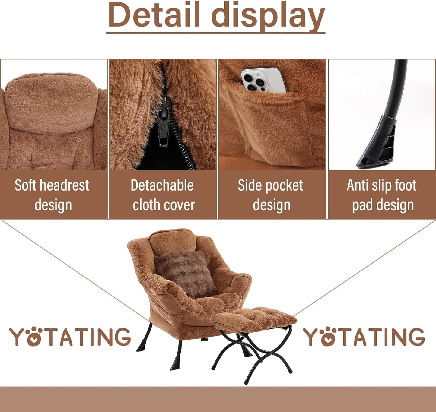 Lazy Chair with Ottoman, Comfy Reading Chair with Footstool & Throw Pillow Modern Lounge Accent Chair with Armrests & Side Pocket for Living Room, Bedroom, Dorm Room, Office, Plush Brown
