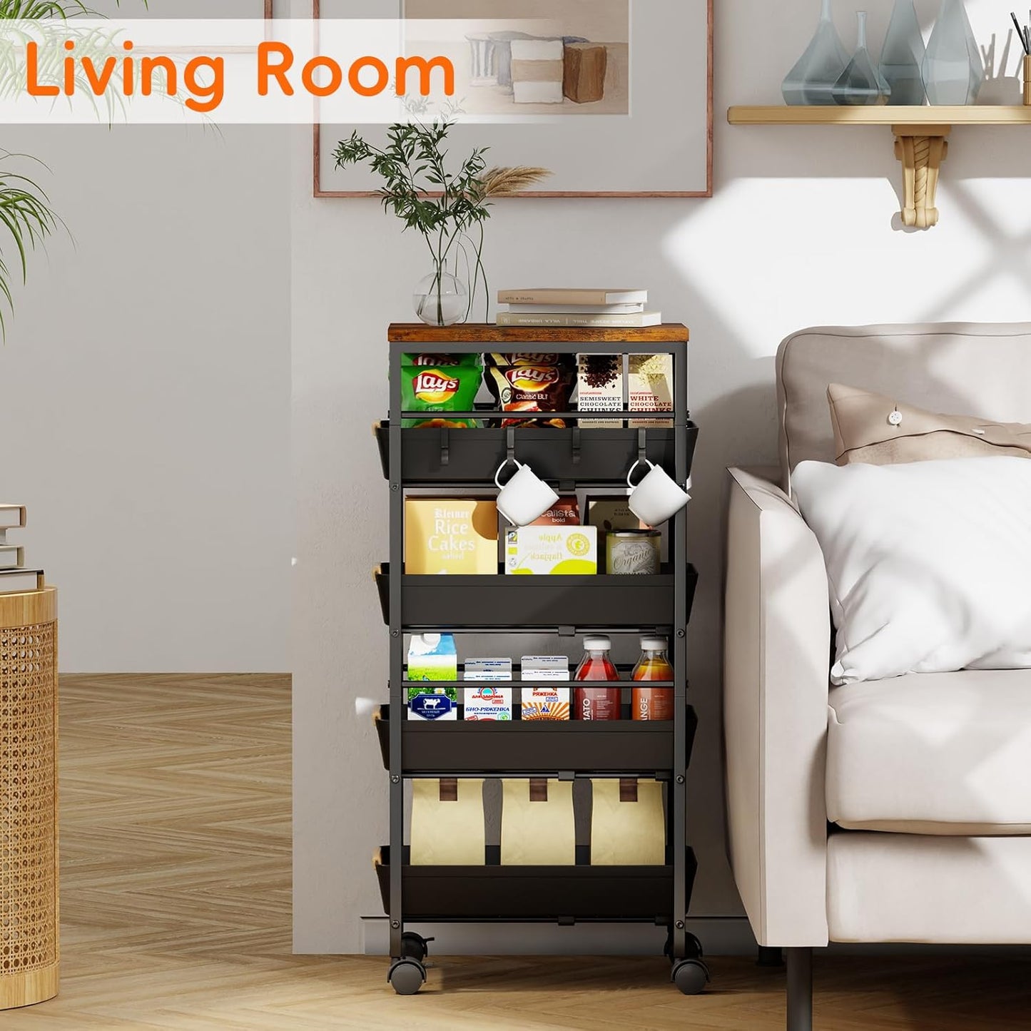 5-Tier Kitchen Storage Cart, Wood Top Rolling Cart Organizer with Pull-Out Baskets & Wheels, Metal Snack Cart with Holder for Fruit, Vegetable, Microwave, Kitchen, Pantry, Black