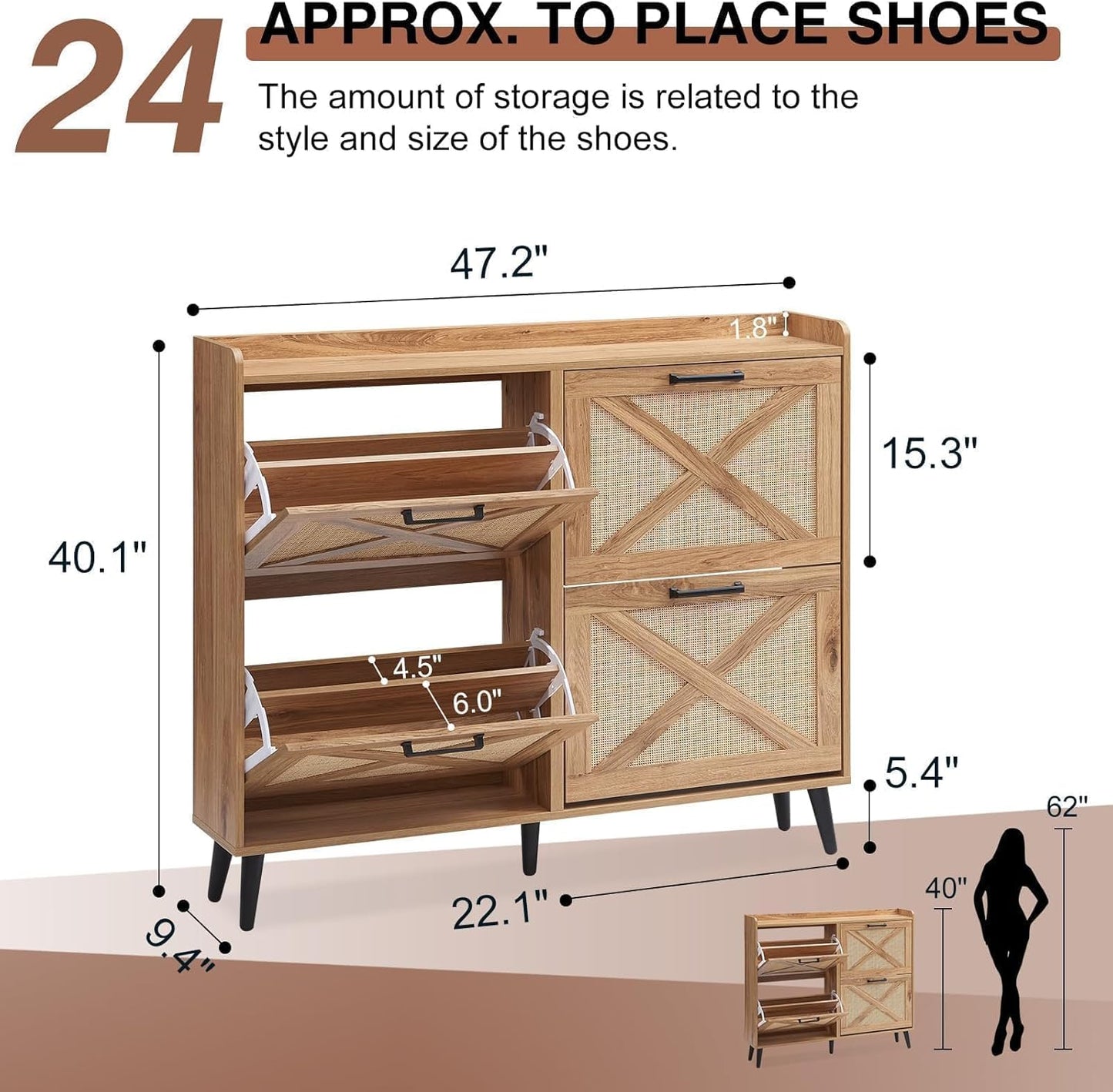 Shoe Storage Cabinet, Boho Shoe Organizer with 4 Flip Drawers & Rattan Design,Farmhouse Freestanding Hidden Slim Narrow Shoe Rack Cabinet for Entryway, Foyer,Hallway,Natural