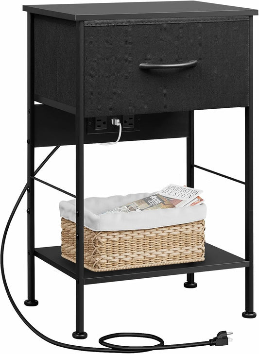 WLIVE Night Stand with Charger Station, Small Nightstand with 1 Fabric Drawer and Open Wood Shelf, 25" H Bedside Table for Bedroom, 2-Tier Storage Side Table for Dorm, Entryway, Black