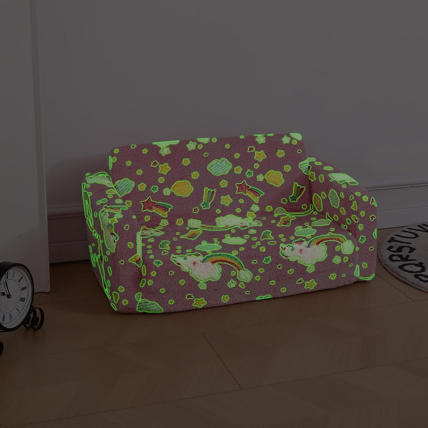 Foldable Kids Sofa Extra Wide for 2 Seats, Soft Kids Fold Out Couch Glow in The Dark,Convertible Sofa to Lounger Toddler Sofa Chair(Rainbow)