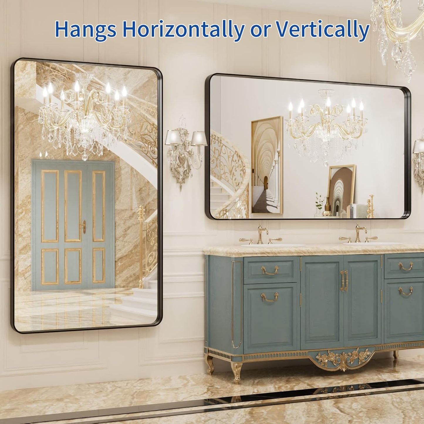 WEER 50X30 Inch Black Metal Framed Bathroom Mirror, Black Bathroom Vanity Mirror Farmhouse, Rounded Rectangular Matte Black Wall Mirrors, Tempered Glass, Anti-Rust (Horizontal/Vertical)