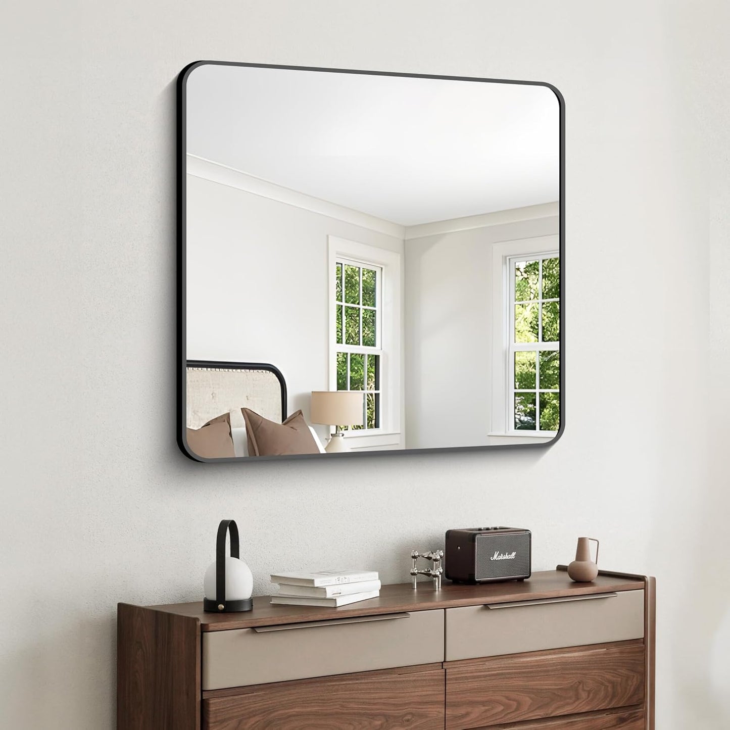 FORBATH Bathroom Mirror 30" x 30", Large Square Wall Mirror with Black Aluminum Frame Rounded Corner, Wall Mounted Mirror for Bathroom Bedroom Entryway Living Room