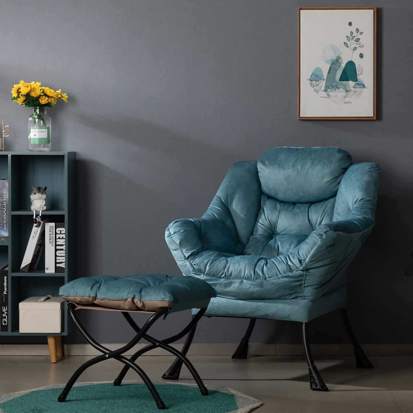 HollyHOME Fabric Lazy Chair with Foldable Ottoman, Accent Comfy Lounge Arm Chair and Folding Footrest Stool Set, Leisure Sofa Reading Chair and Footstool for Living Room, Bedroom, Dorm, Blue