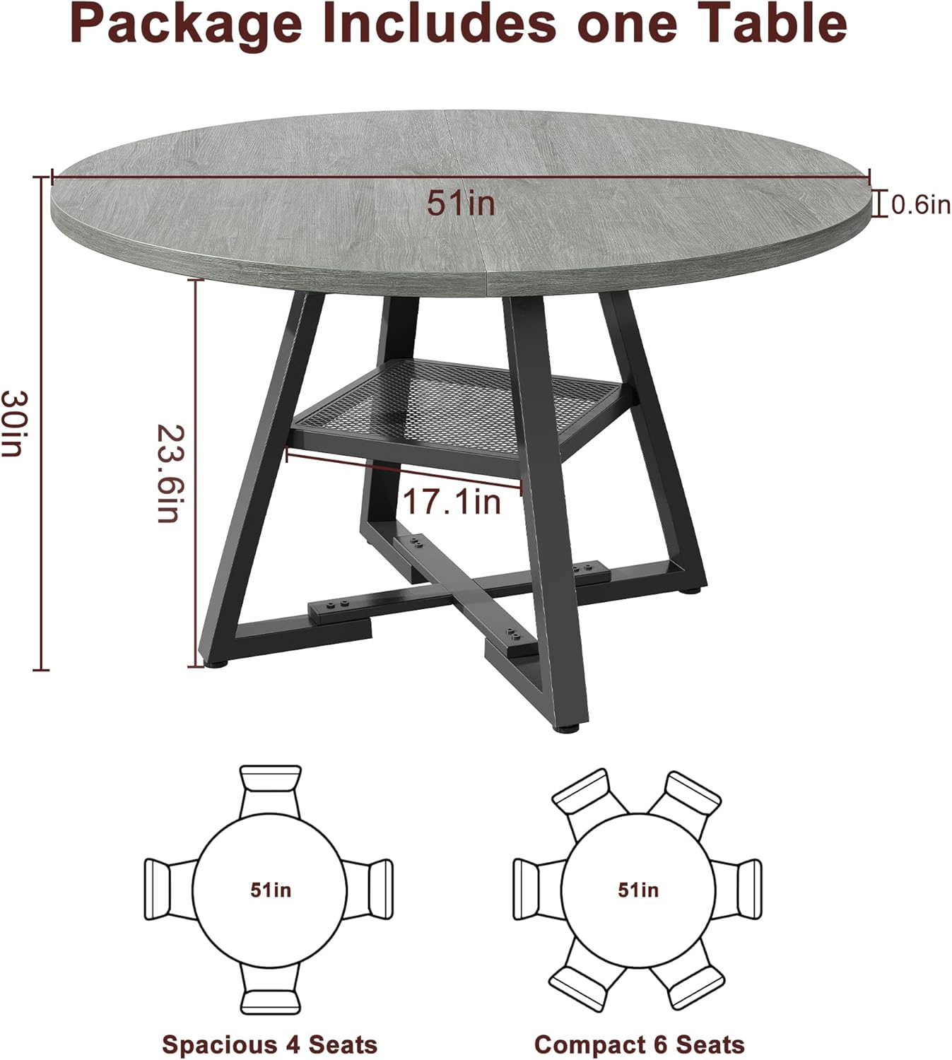 51" Round Dining Table for 6,Kitchen Dining Room Circle Dinner Pedestal Table,Space Saving Wood Kitchen & Dining Room Furniture (Grey, 51In)